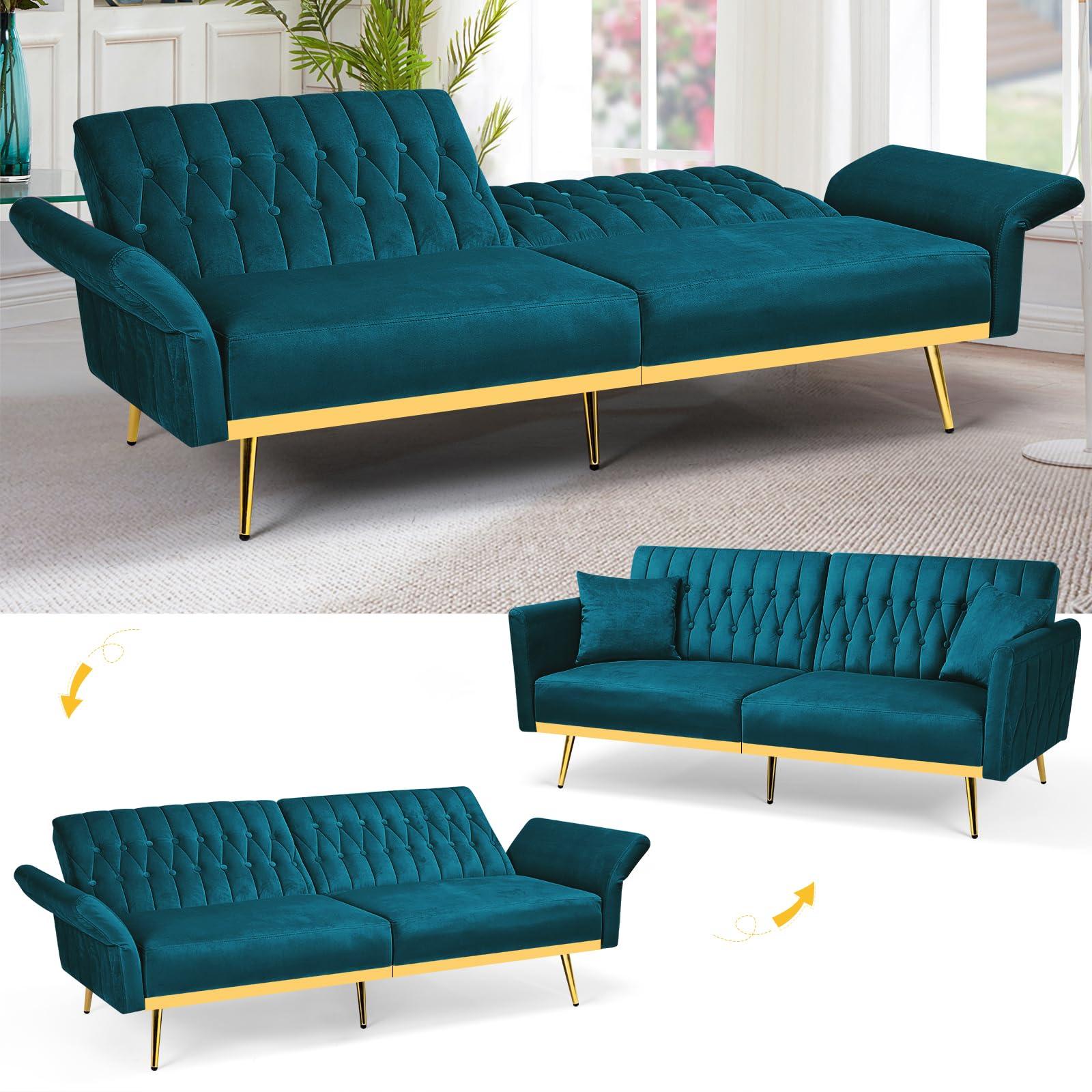 ACMEASE ACMEASE 2 Pieces Velvet Sofa Set with Adjustable Armrest and Backrest, 70 Convertible Futon Sofa Bed & Mordern Accent Chair with Ottoman for Living room, Bedroom, Teal