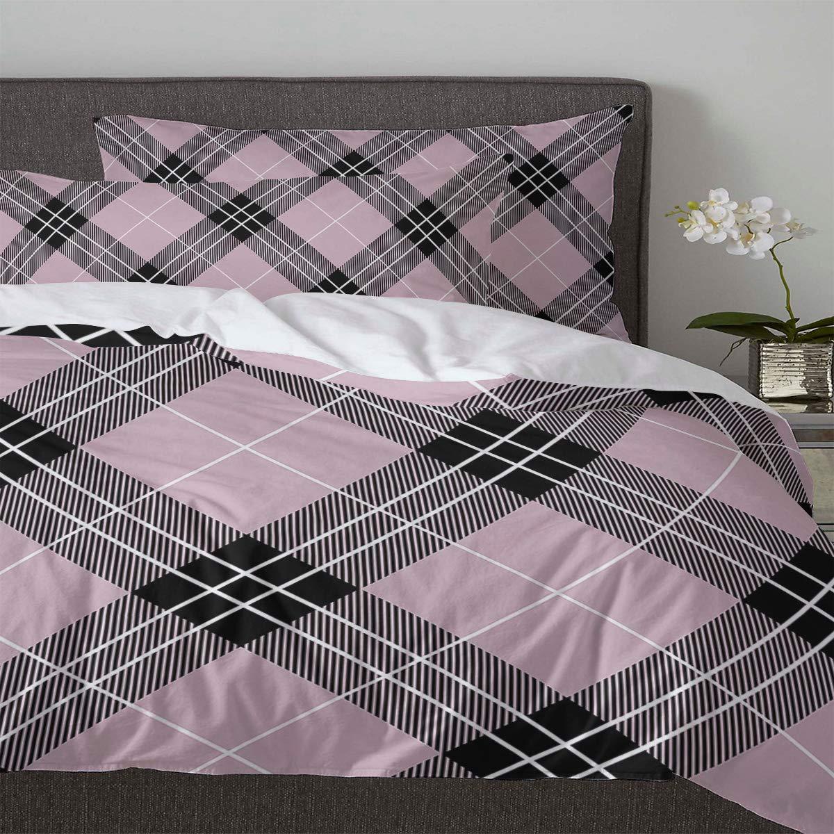 Plelat King Size Bedding Set 3 Pieces Comfortable Duvet Cover Sets for Teen Girls Boys,Classic Tartan Pattern Soft Double Comforter Cover Set,Include 1 Duvet Cover with 2 Pillow Cases