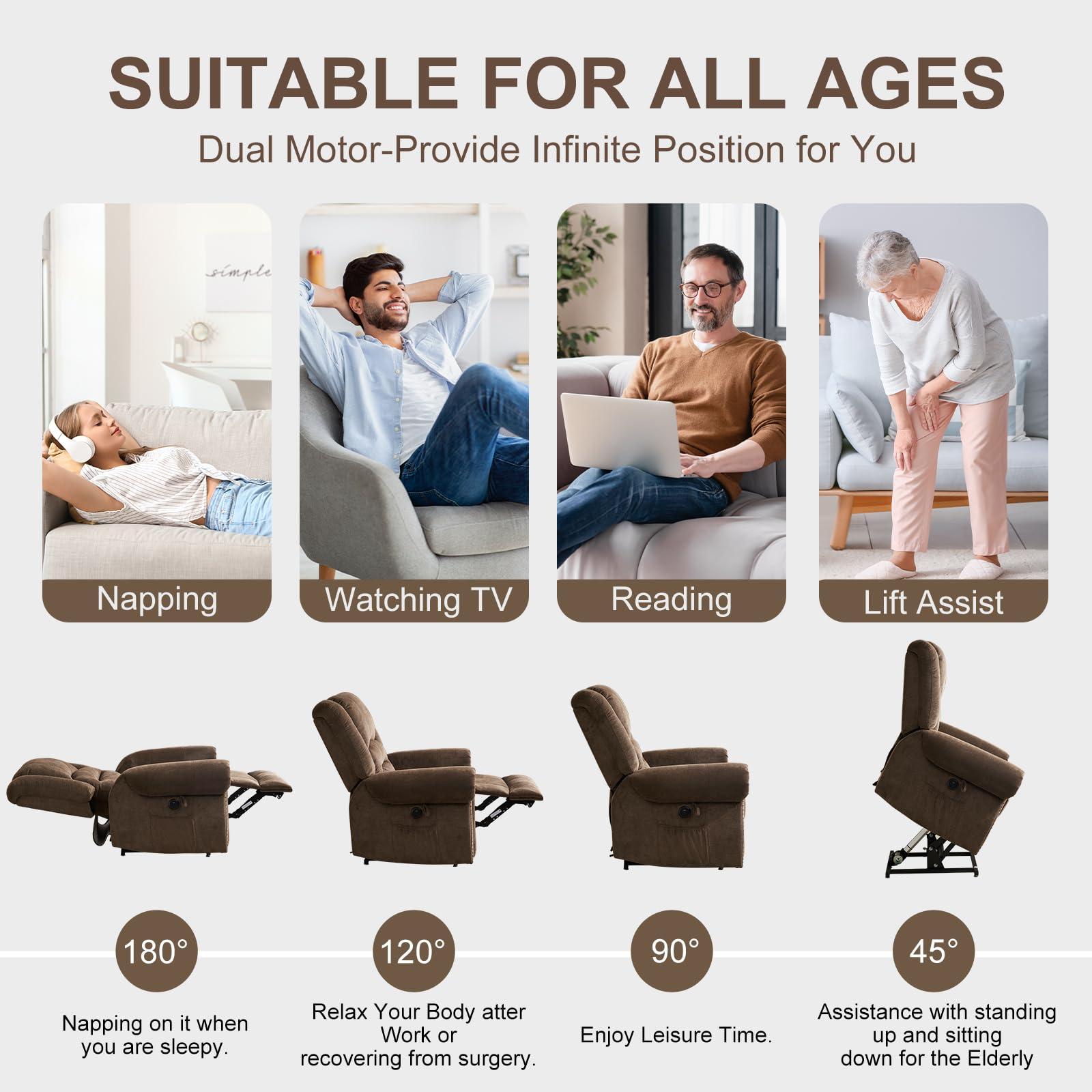 CDCASA CDCASA Dual Motor Lay Flat Lift Chairs Recliners for Elderly with Massage and Heat, Upgraded Chenille Infinite Position Large Sleeping Electric Power Lift Chair Recliner for Seniors, Brown