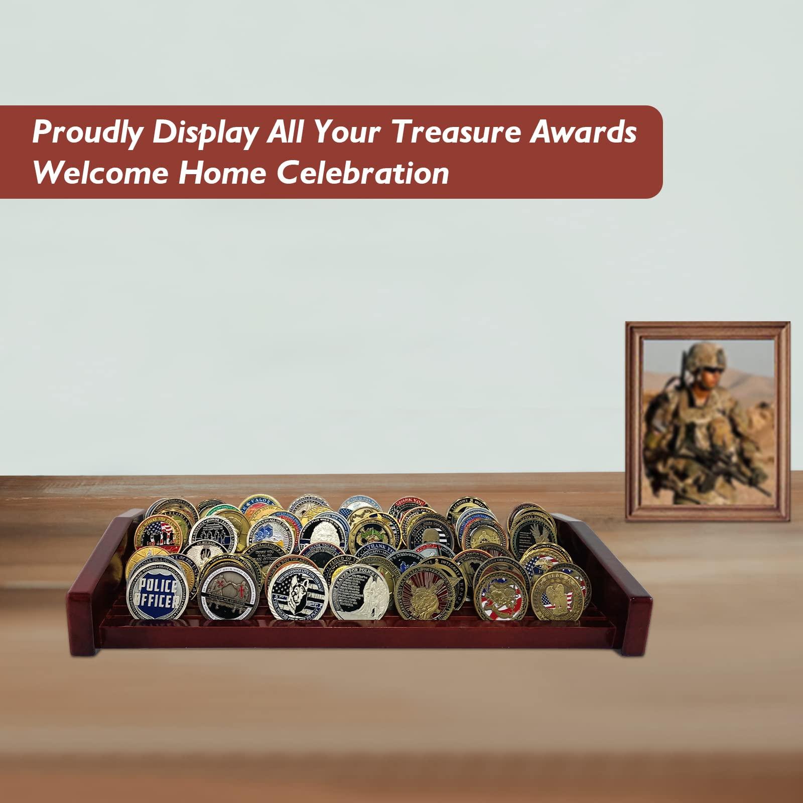 ASmileIndeep ASmileIndeep 8 Rows Military Challenge Coin Display Stand - Holds 60-70 Coins, Solid Wood Army Police Coin Rack Display Holder for Desktop, Mahogany