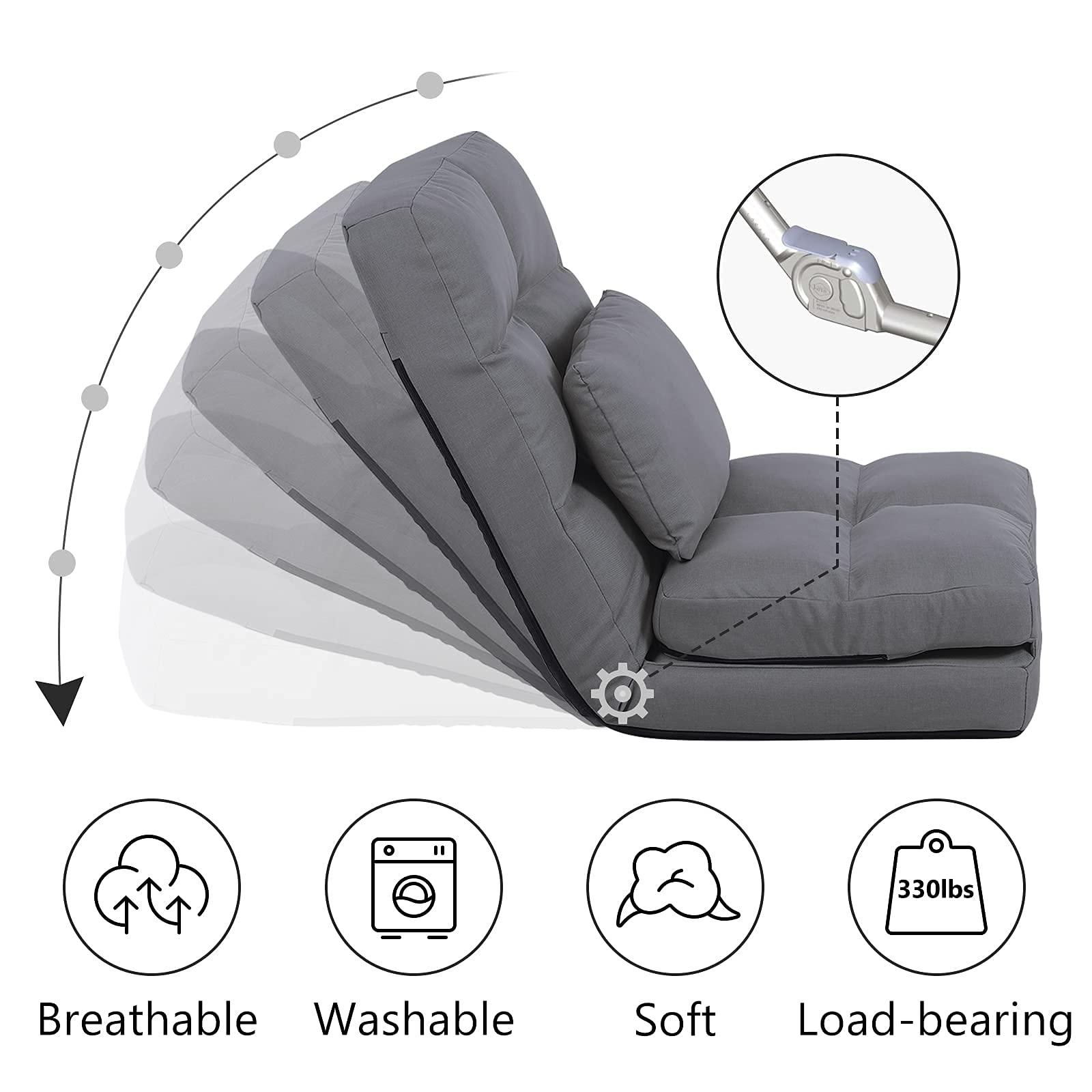 FLOGUOR FLOGUOR Chaise Lounge Indoor, 14-Position Floor Chair with Padded Pillow for Adults Kids, Folding Lazy Sofa Chair for Living Room, Bedroom, for Gaming Reading 8823GR