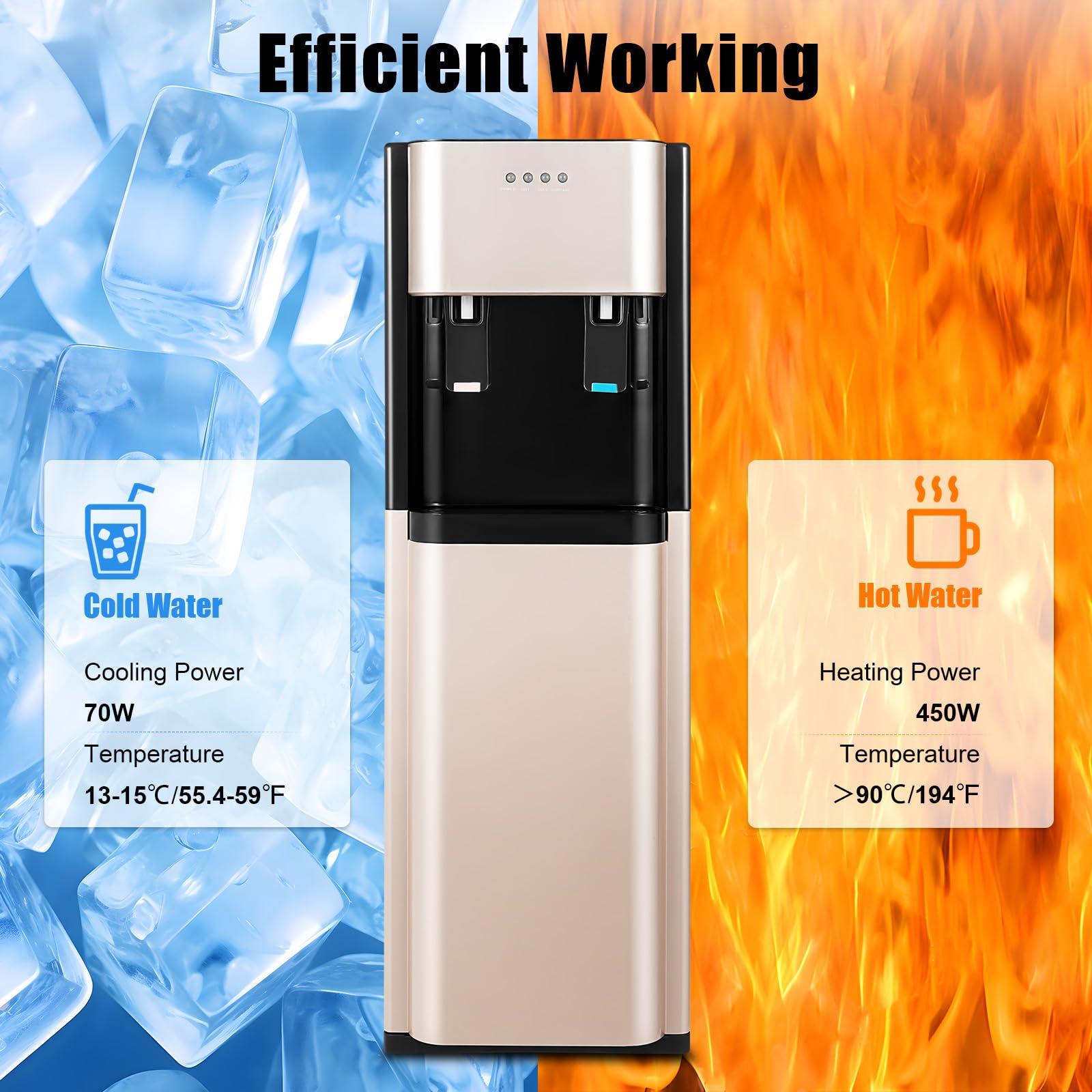 KWCWB Bottom Loading Water Cooler Dispenser for 5 Gallon Bottles - Hot & Cold Water, Stainless Steel 5 Gallon Water Dispenser with LED Light for Home, Offices, Hotels, Kitchens (Gold)