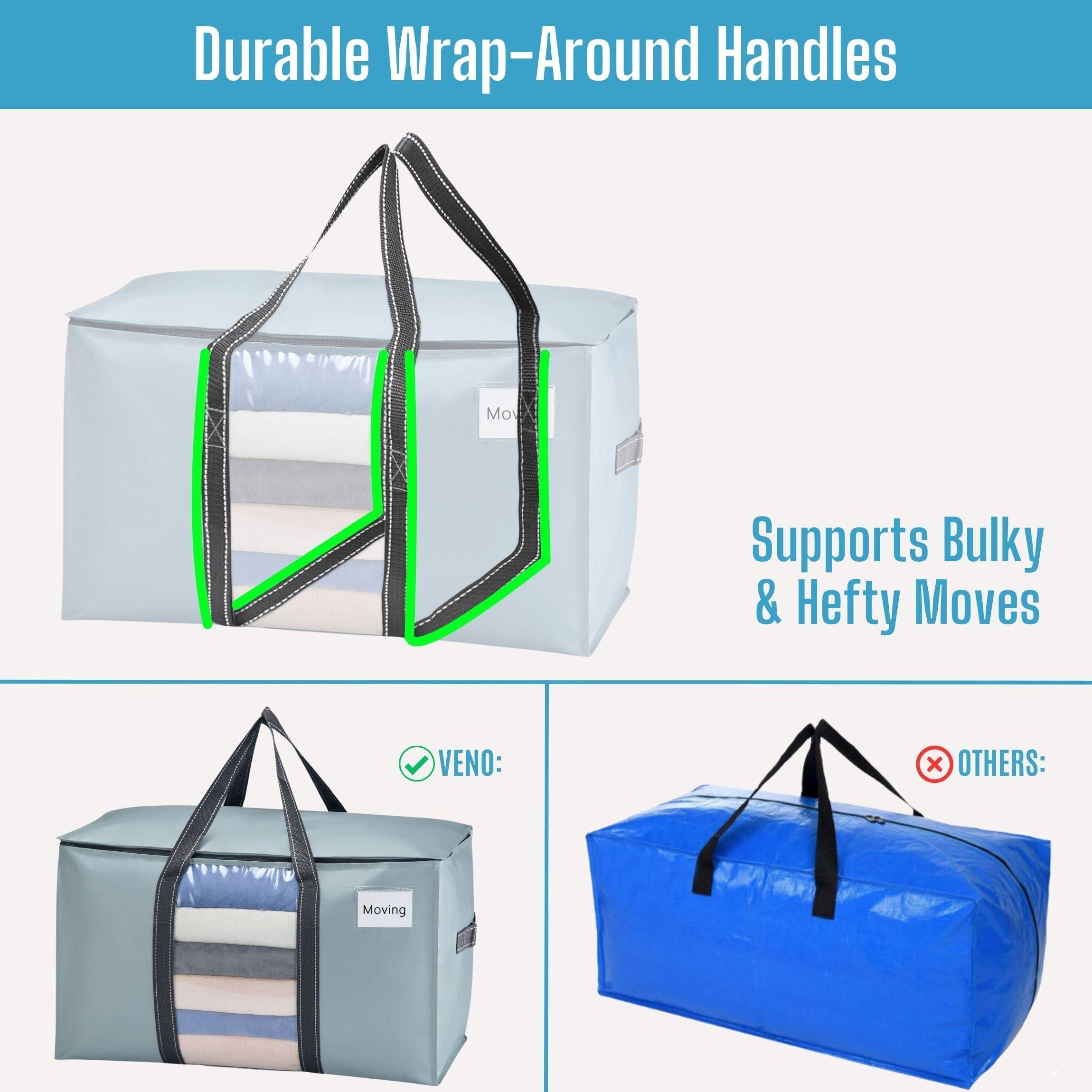 VENO VENO 4 Pack Moving Bags, Moving Supplies, Moving Boxes, College Packing Storage Boxes with Lids Alternative, Heavy Duty Totes, Extra Large, Sturdy Handles, Zipper (Light Blue with Window, 4 Pack)