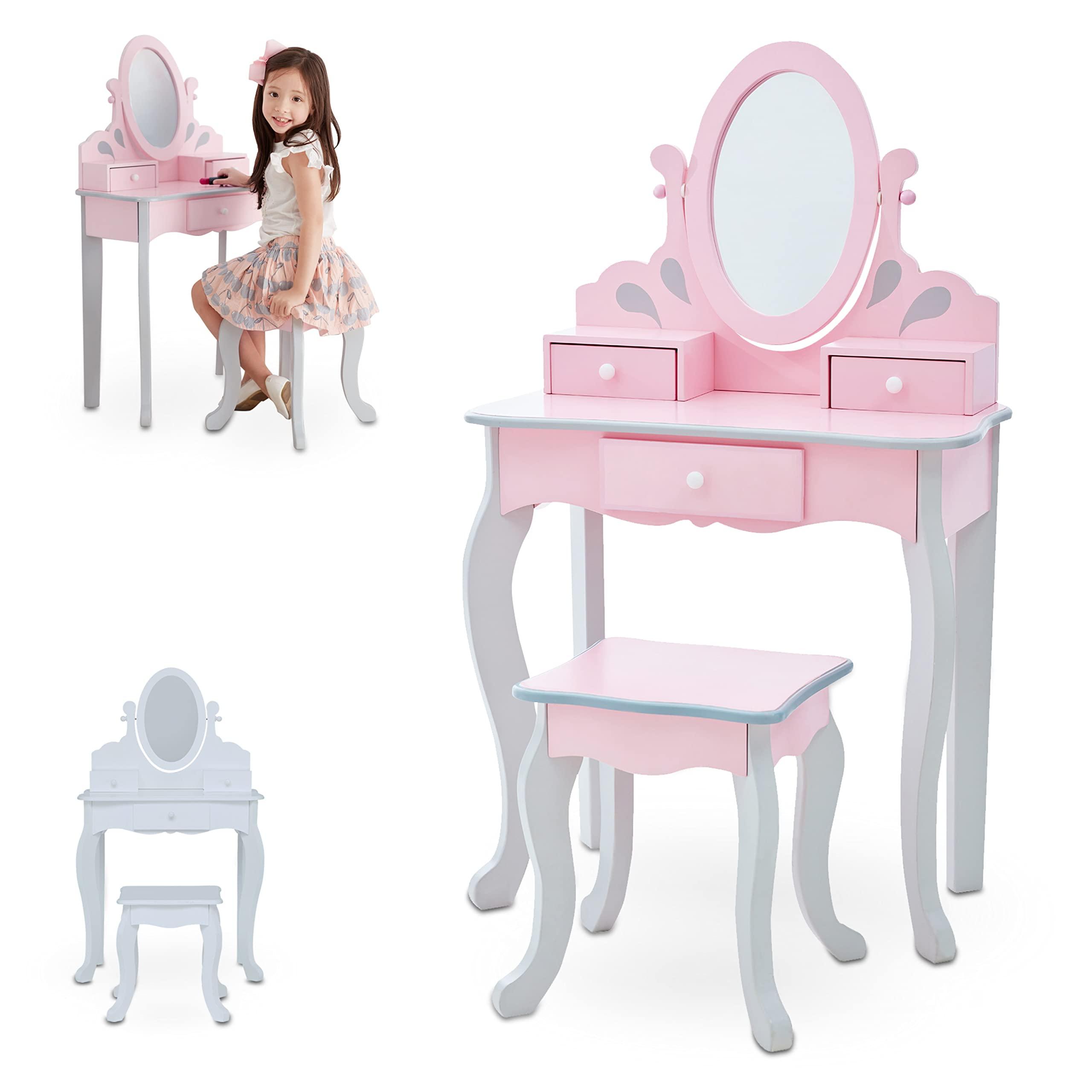 Teamson Kids Teamson Kids Princess Rapunzel Wooden 2-pc. Play Vanity Set with Three Storage Drawers, Rotating Oval Mirror and Matching Stool to Play Dress-Up, Princess or Beauty Salon, Pink and Gray