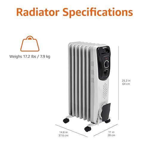 Amazon Basics Amazon Basics Oil Heater, Radiator Heater for Indoor Use, With Over-Heat Protection, 7 Oil-Filled Steel Fins, 3 Heat Settings, ETL-certified Safety, 1500W, White, 11"D x 14.8"W x 25.2"H