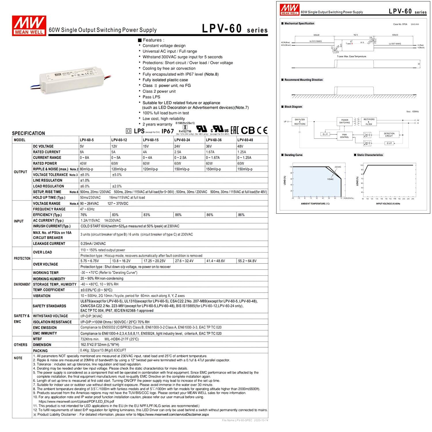 Generic Mean Well LPV-60-12 12V 5A IP67 Waterproof LED Driver - 60W Power Supply, Efficient and Stable Solution for Various LED Installations, Ensuring Consistent Performance (83% Efficiency)