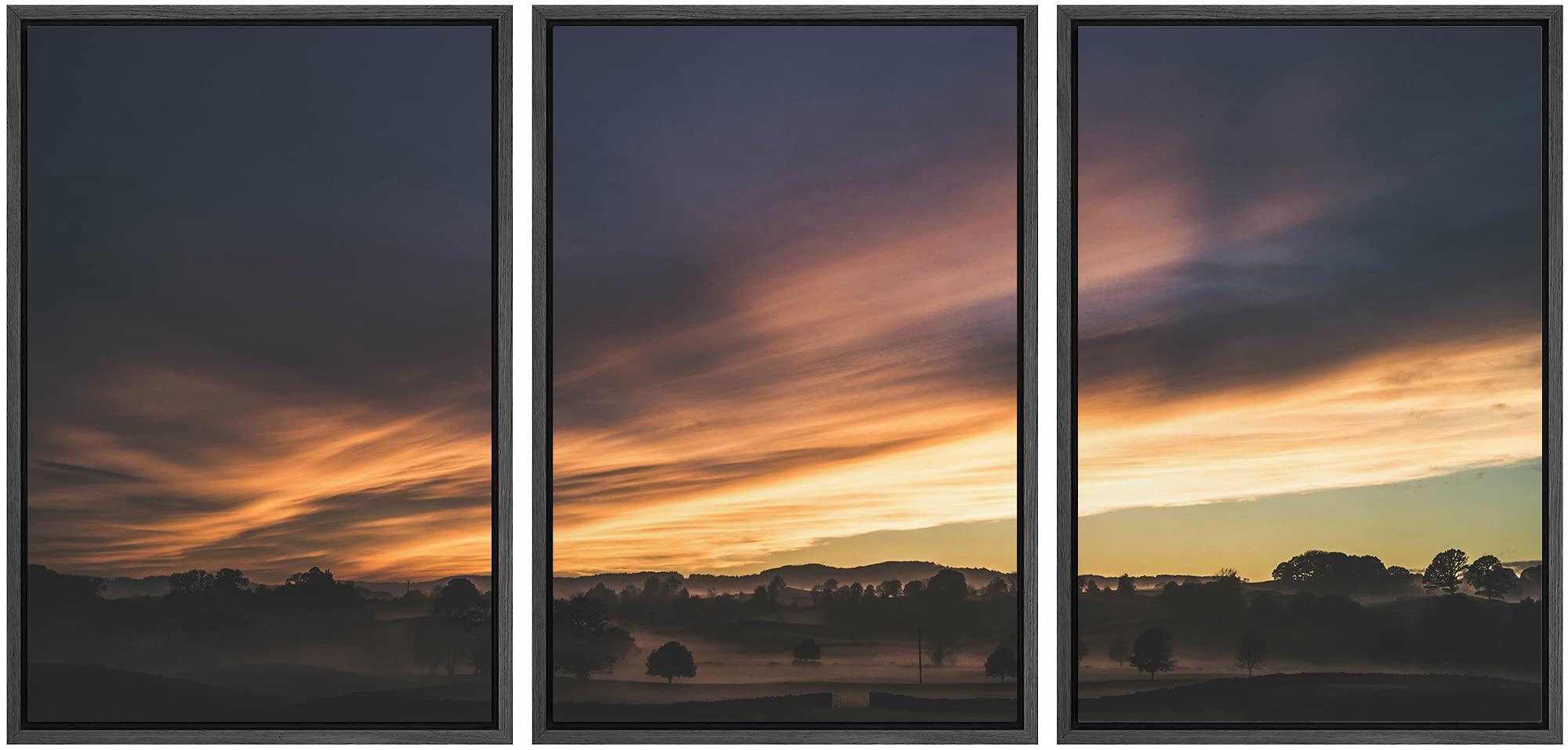 wall26 wall26 - 3 Piece Framed Canvas Wall Art - Landscape with Trees at Dusk - Modern Home Art Stretched and Framed Canvas Ready to Hang - 24\"x36\"x3 Black