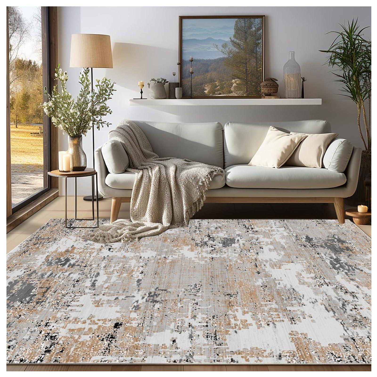 MiZuH Imitation Cashmere Area Rug 4x5 - Large Living Room Rug - Washable Rug Boho Rugs Non-Slip for Bedroom Dining Room, Medium-Pile Floor Carpet Modern Accent Rug, Orange/Gray