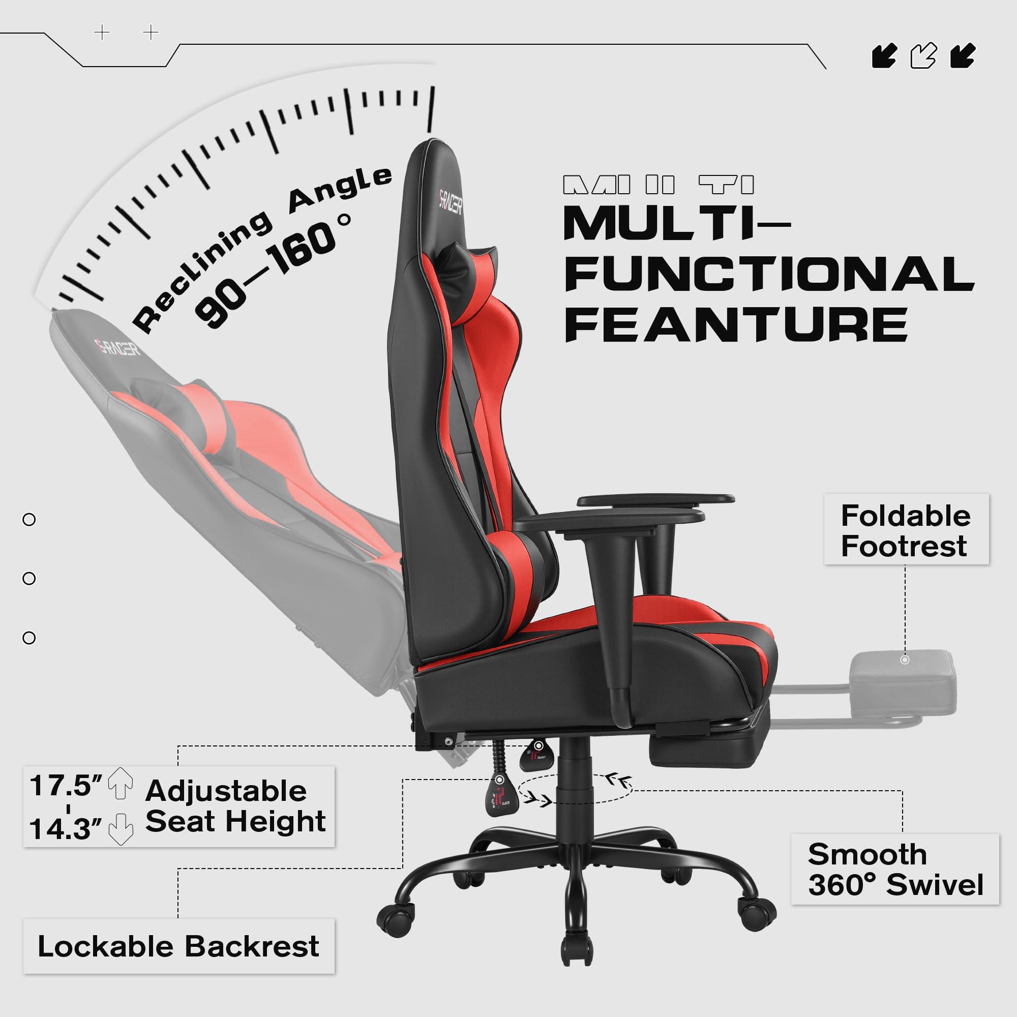 Homall Homall Gaming Chairs, Computer Chair with Footrest and Massage Lumbar Support, Height Adjustable Game Chair with Headrest and Swivel Seat (Red)