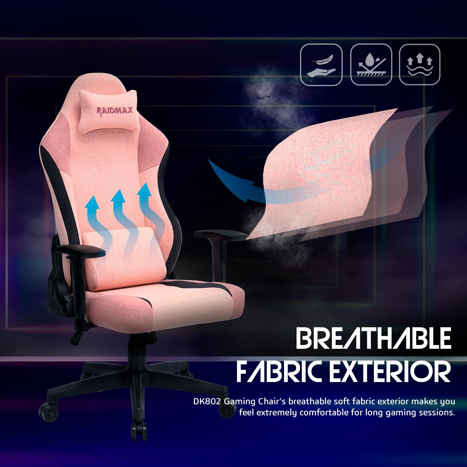 Raidmax Raidmax DK802 Series Computer-Gaming-Chairs, Soft Breathable Fabric All Day Gaming Chair, Heavy Duty Gas Lift and Metal Base, Magnetic Head Pillow, Lumbar Support Pillow (Pink)