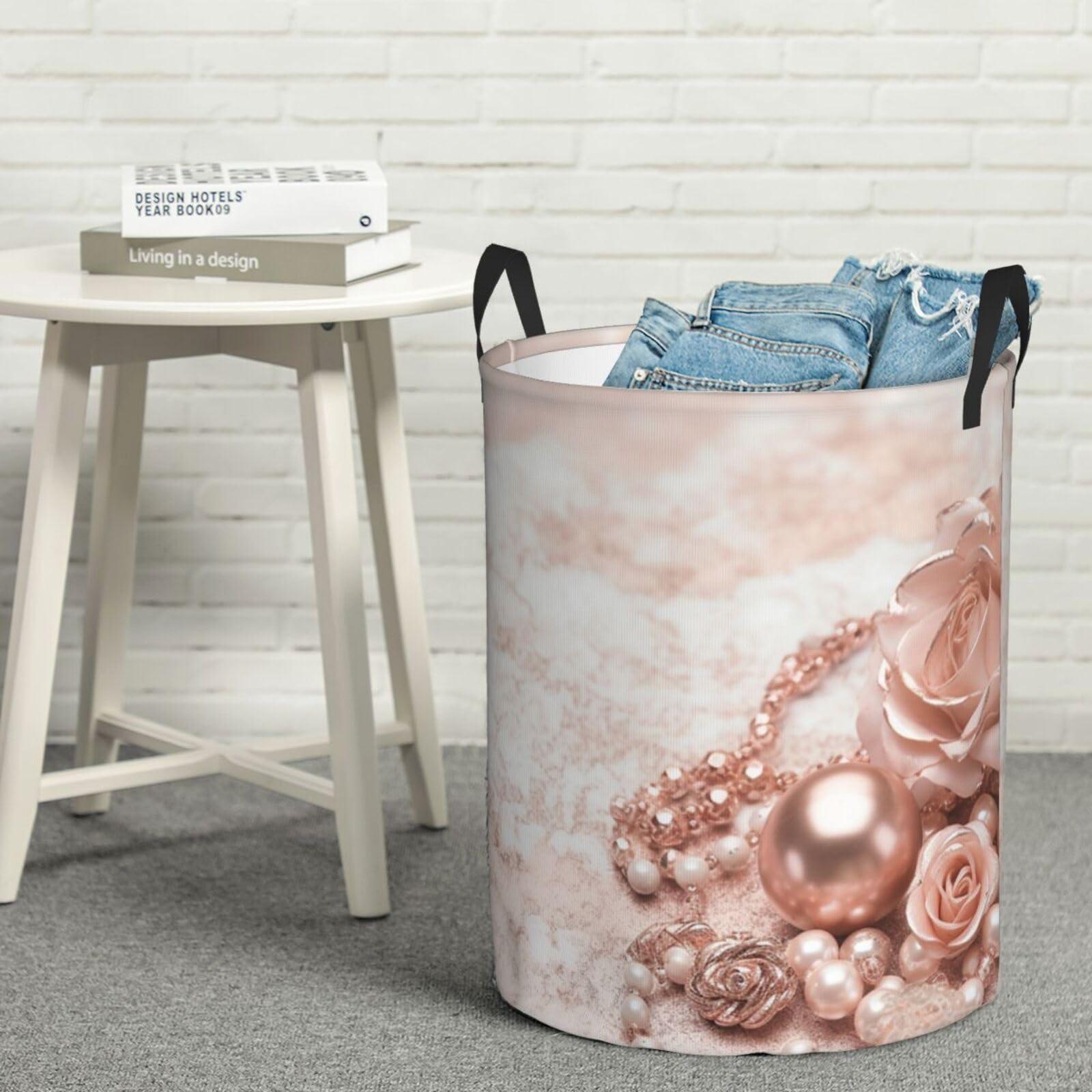 WSOIHFEC Blush Pink Rose Gold print Laundry Basket Waterproof Laundry Hamper with Handle Collapsible Organizer Basket Circular portable Storage Bin for Kitchen Living Room Bathroom Closet Car