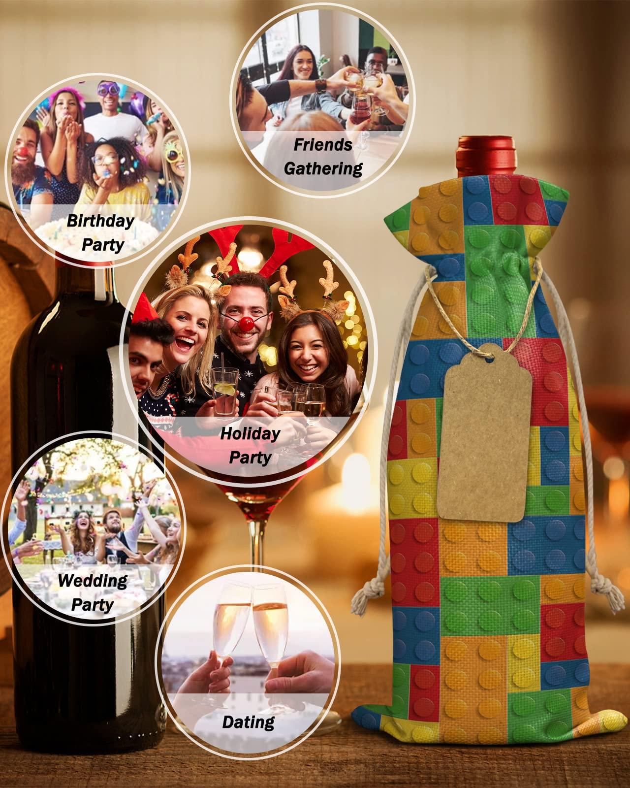PIEPLE PIEPLE 10 Pack Wine Bottle Bags, Colorful Geometric Wine Bottle Cover with Drawstring, Gift Bag for Champagne, Wedding, Birthday, Christmas, Thanksgiving, Party Blue Orange Red Yellow Building Blocks