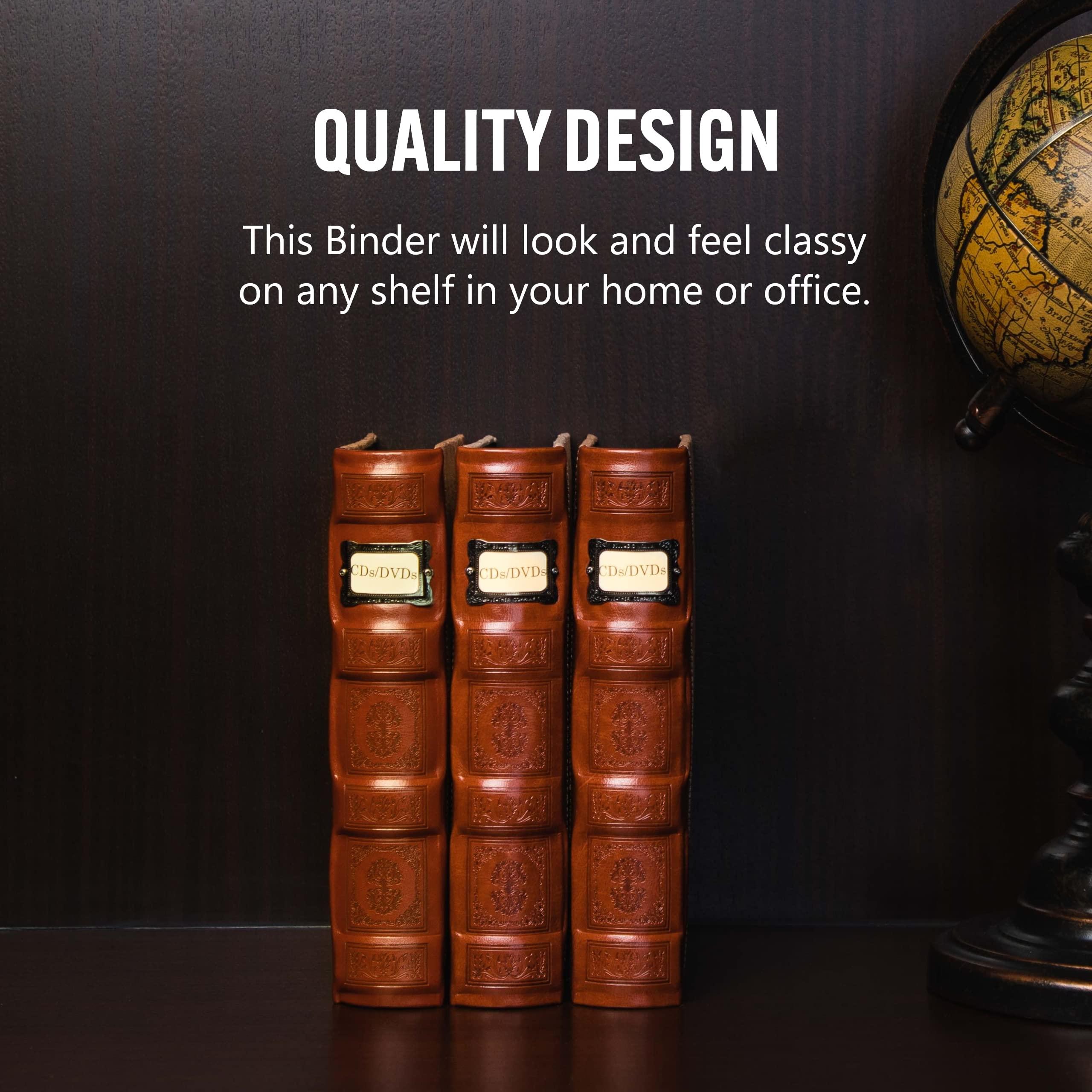 Bellagio-Italia Bellagio-Italia Tuscany CD/DVD Storage Binder Set - Leather - 144-Disc Capacity - Storage Organizer for DVDs, CDs, Blu Rays, & Video Games - Acid-Free Binder Organizer Sheets - 3 Pack - Cognac