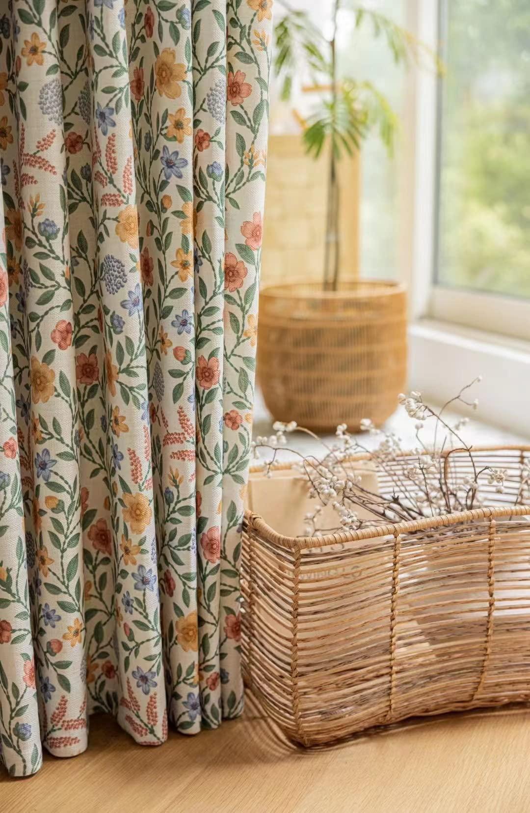 ILUOGUDU Linen Farmhouse Curtains for Living Room 72 Inch Length Floral Print Window Curtains Semi Blackout Drapes for Bedroom Country Room Darkening Curtain 1 Panel (Back Tab Curtains, 84"W x 72"L)