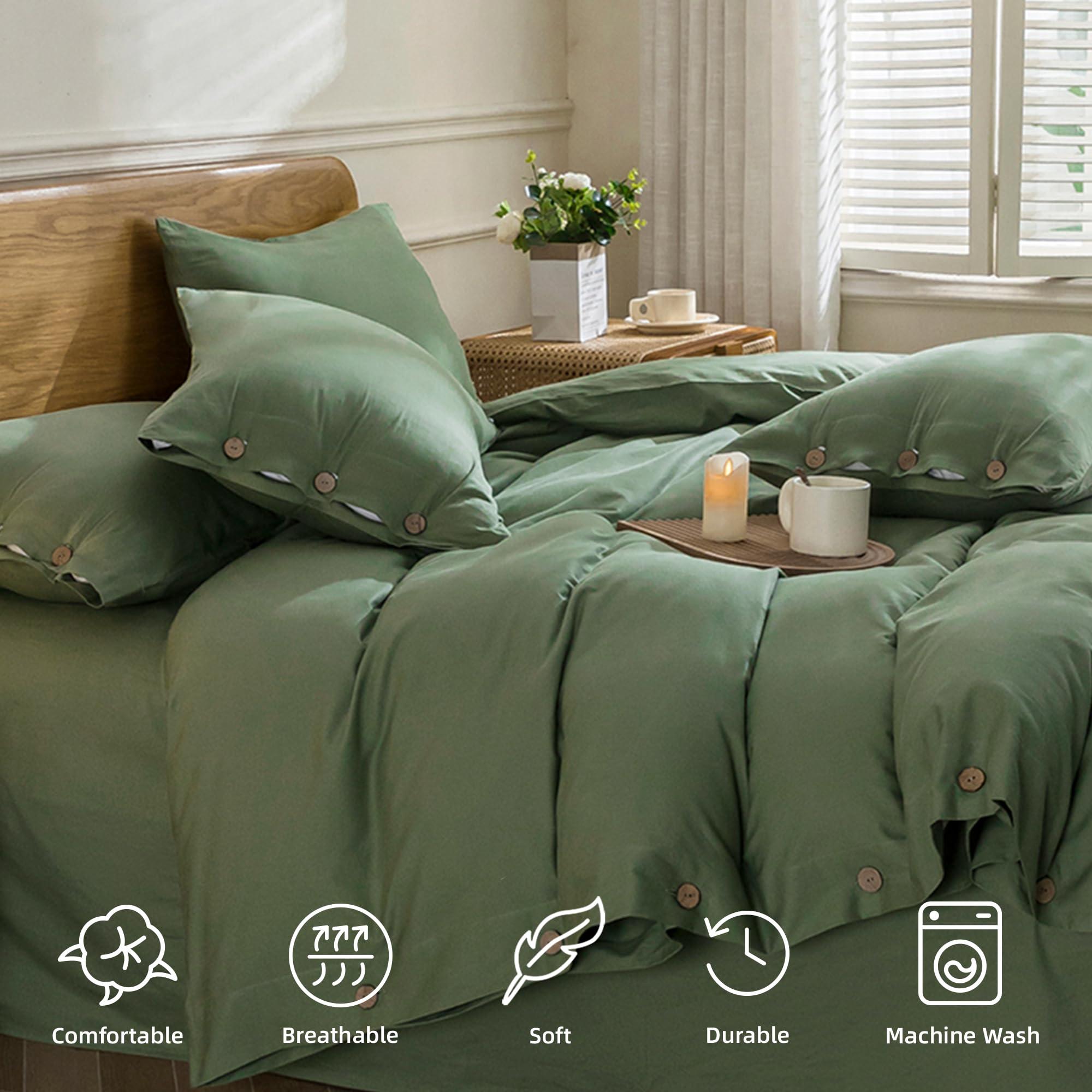 JELLYMONI JELLYMONI Cotton Duvet Cover Set - 100% Washed Cotton Linen Like Textured Comforter Cover, 3 Pieces Soft Bedding Set with Button Closure (Green, Super King 120\"x98\")