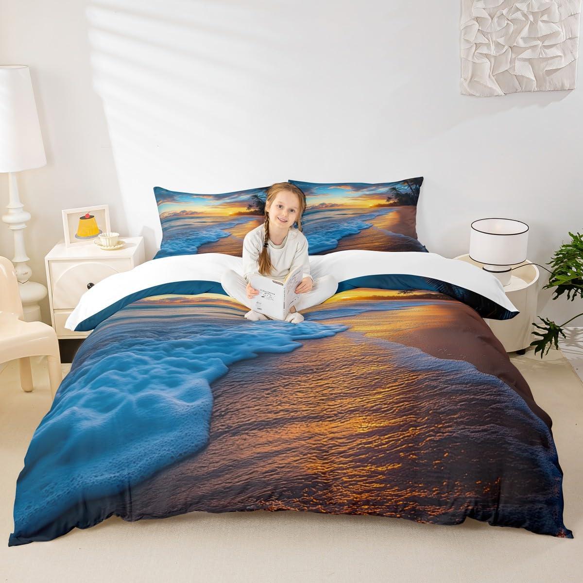 Erosebridal Beach Duvet Cover Full Ocean Bedding Kids Girls Boys Hawaiian Sea Waves Comforter Cover Tropical Sunset and Sea Beach Nature Theme Print bedding Botanical Beach House Decorative Bedspread with Zipper