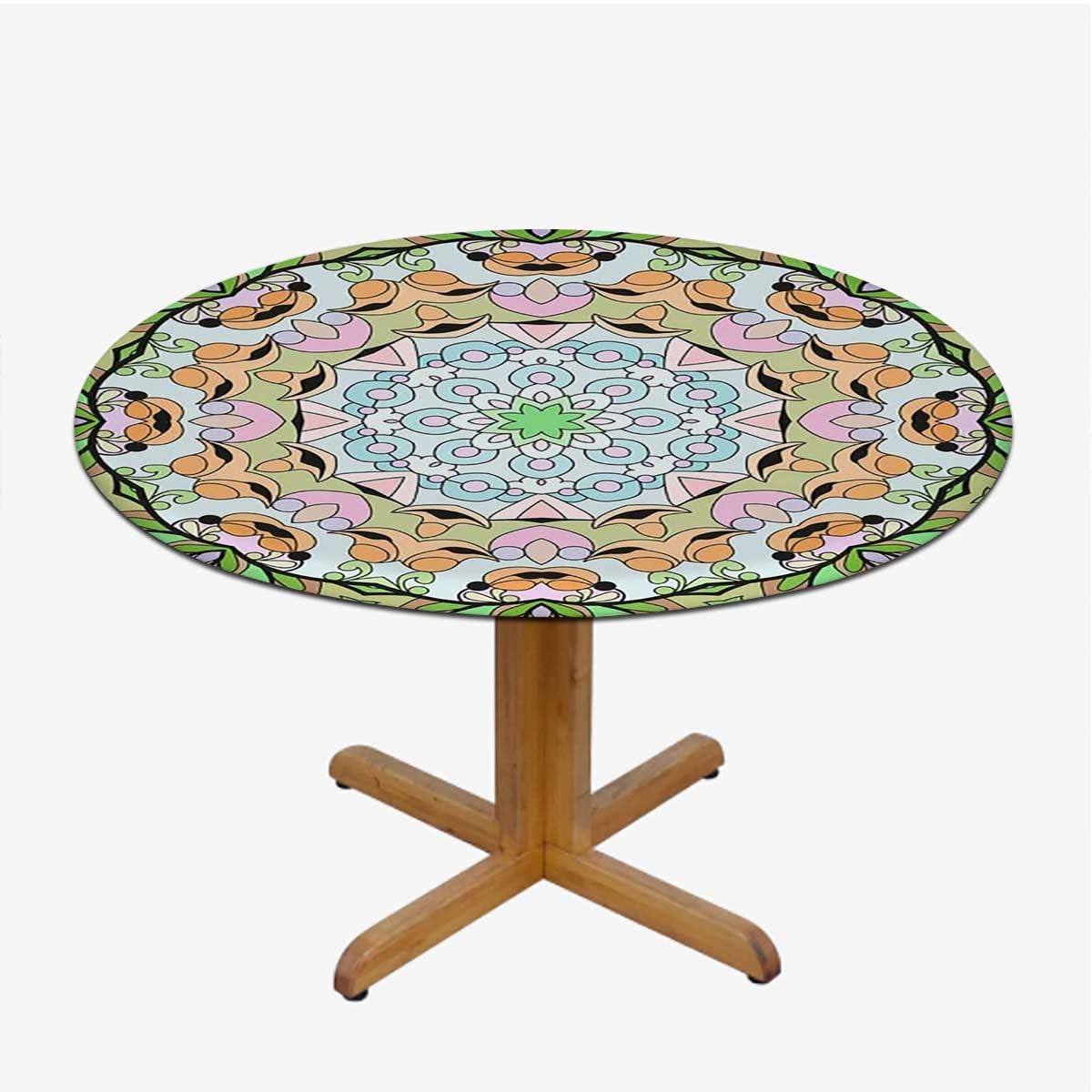 OOzie OOzie Light Pink White Fitted Tablecloth Round Eastern Traditional Floral Pattern Wooden Boards Oil Proof Waterproof Tablecloth for Picnic Party Floral Spirals Fits up 40\"-44\" Diameter Tables