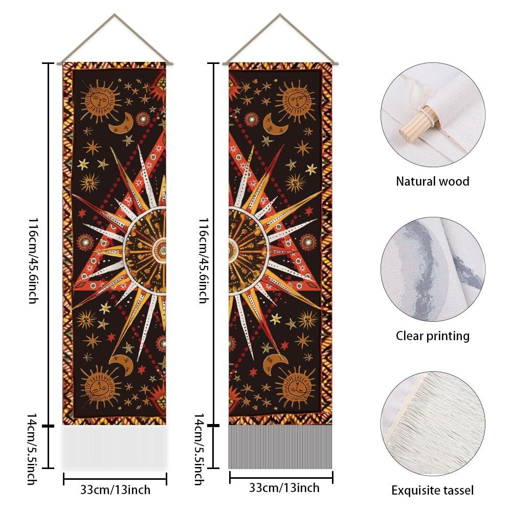 AHANDMAKER AHANDMAKER 2Pcs Burning Sun Tapestry, Star Sun and Moon Long Vertical Tapestry Wall Hanging, Celestial Sun Tassel Wall Tapestry Mystic Aesthetic Tapestry for Bedroom and Living Room(45.7x13 Inch)