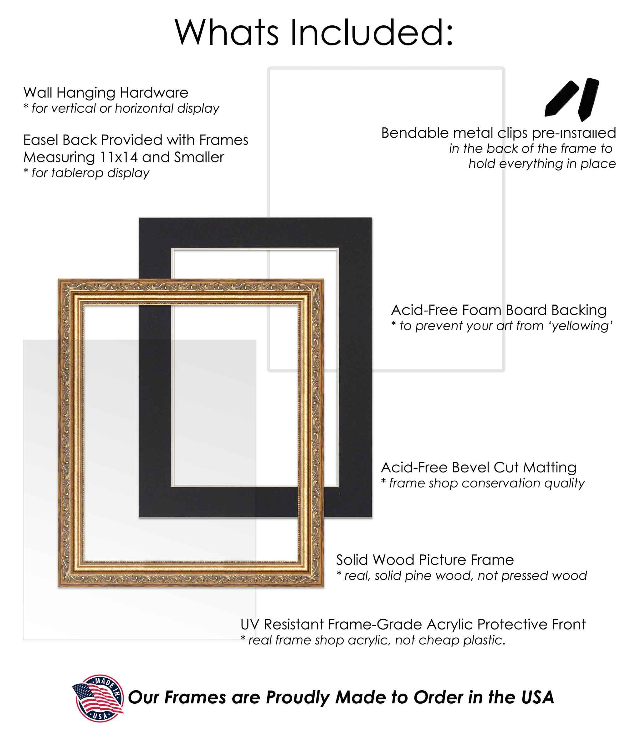 Poster Palooza 6x9 Frame with Mat - Antique Gold 8x11 Frame Wood Made to Display Print or Poster Measuring 6 x 9 Inches with Black Photo Mat