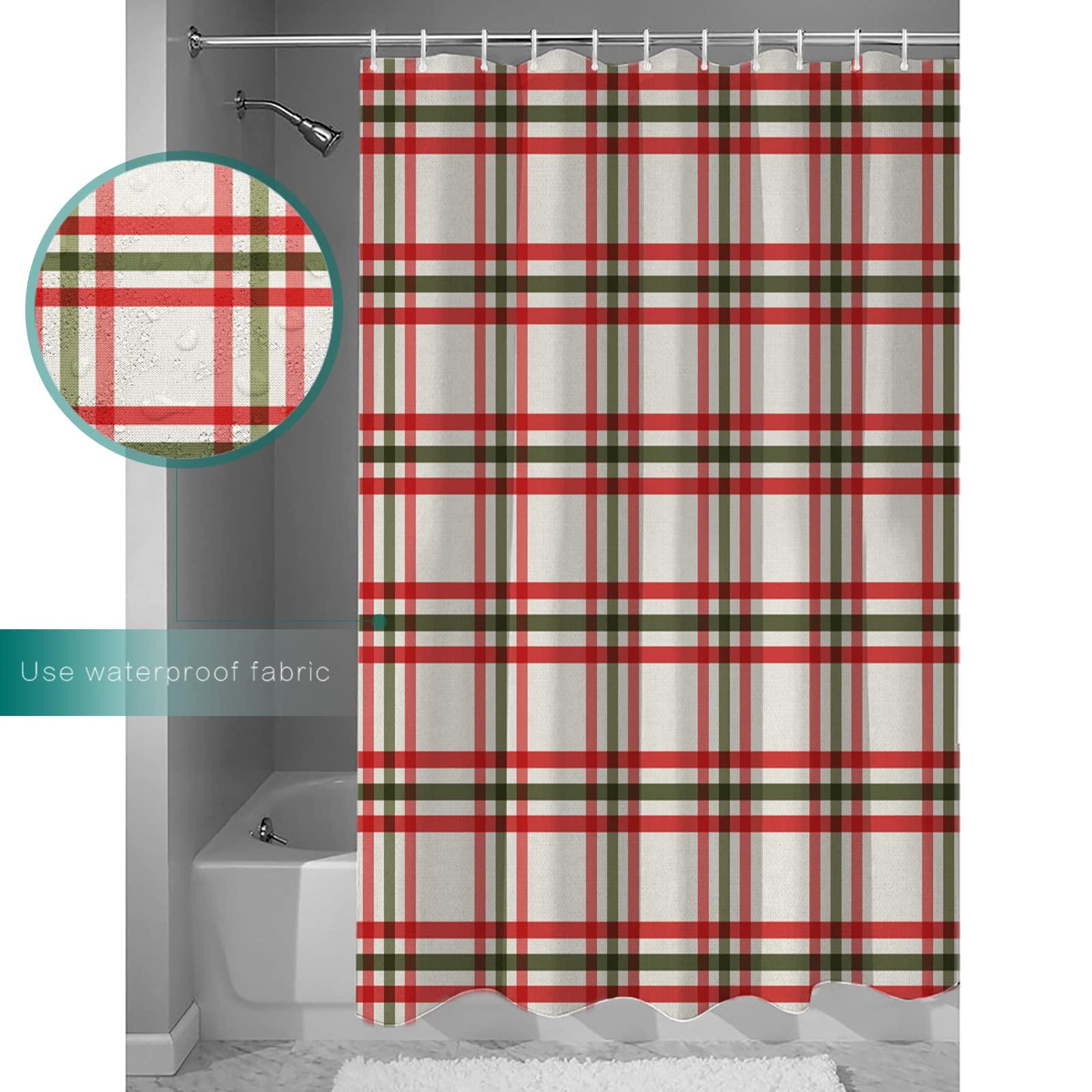 LEOKOTI LEOKOTI Merry Christmas Shower Curtain for Bathroom, Farmhouse Xmas Red Teal Plaid Striped Waterproof Fabric Bathtub Curtains for Bathroom with 12 Plastic Hooks, 48\" W x 72\" L