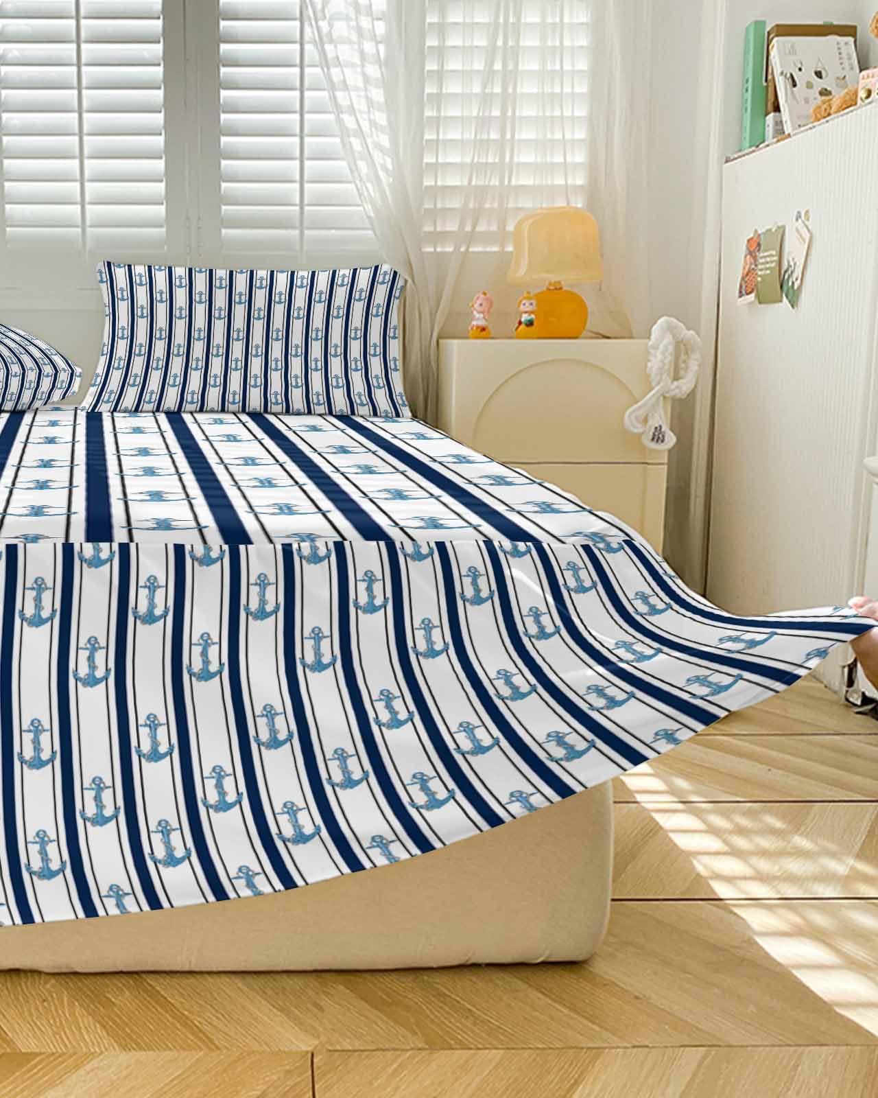 Jolunifun Nautical Anchor Bed Skirt for Cal King Size Bed,Wrap Around Bedding Skirt Dust Ruffle Bedskirt Sets with 2 Packs Matching Pillow Covers 36\"x20\",Classic 18 Inch Drop,Black White Geometric Stripes Rope