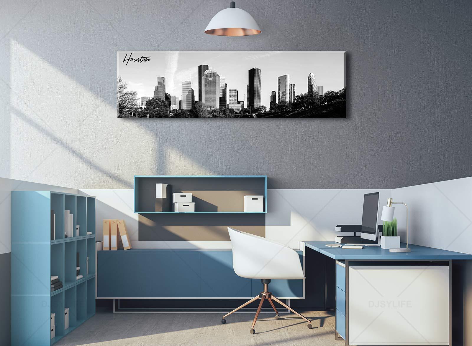 DJSYLIFE Black and White Wall Art Houston Skyline Canvas Print Picture Panoramic Cityscape Poster Decoration for Bedroom Office Home Decor Framed and Ready to Hang, 13.8"x47.3"