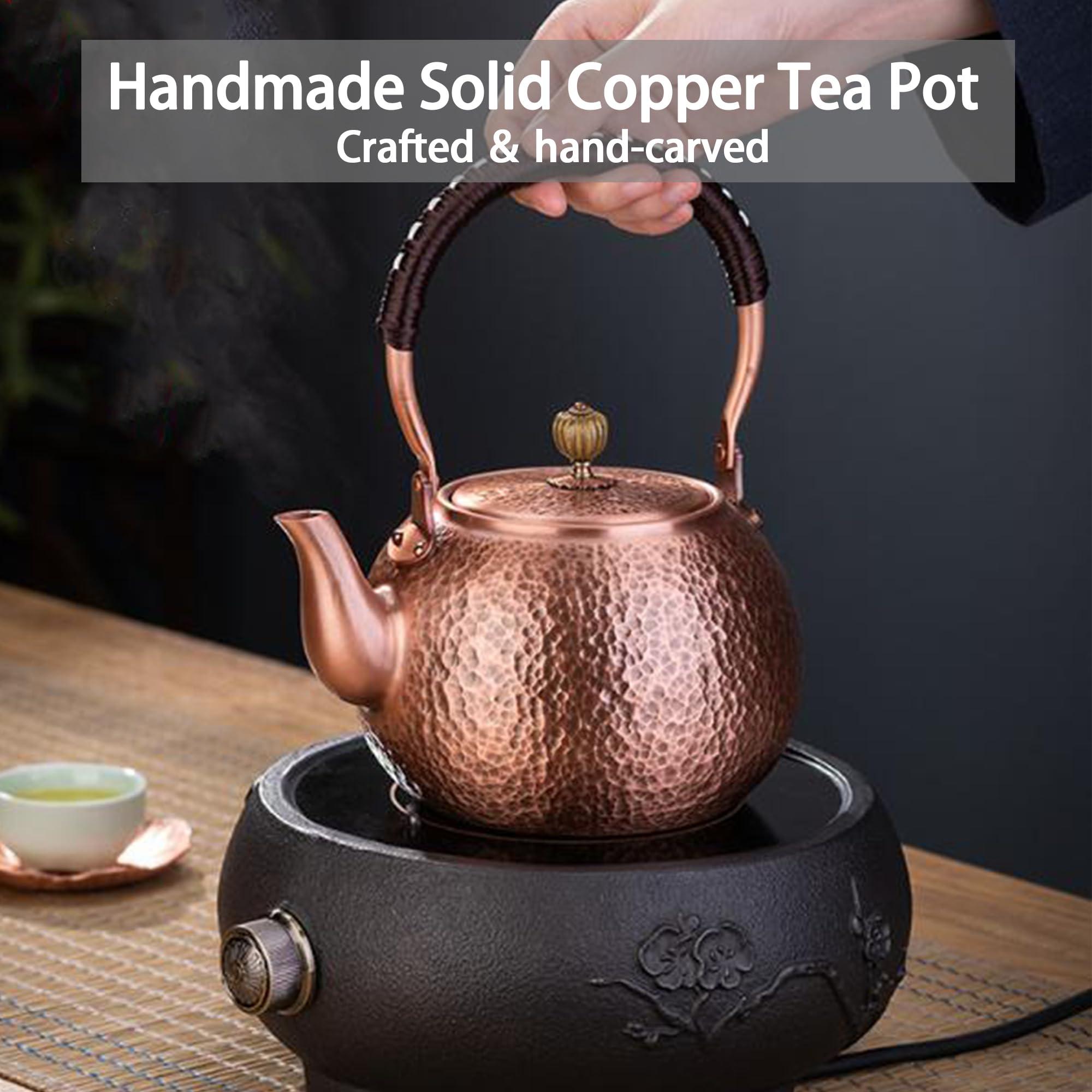 IULAVP Copper Tea Kettle for Stovetop: Handmade Solid Copper Pot without Coating, Extra Thick Stove Top Tea Kettle Teapot, Hammered Teapot for Stovetop (1420ML)