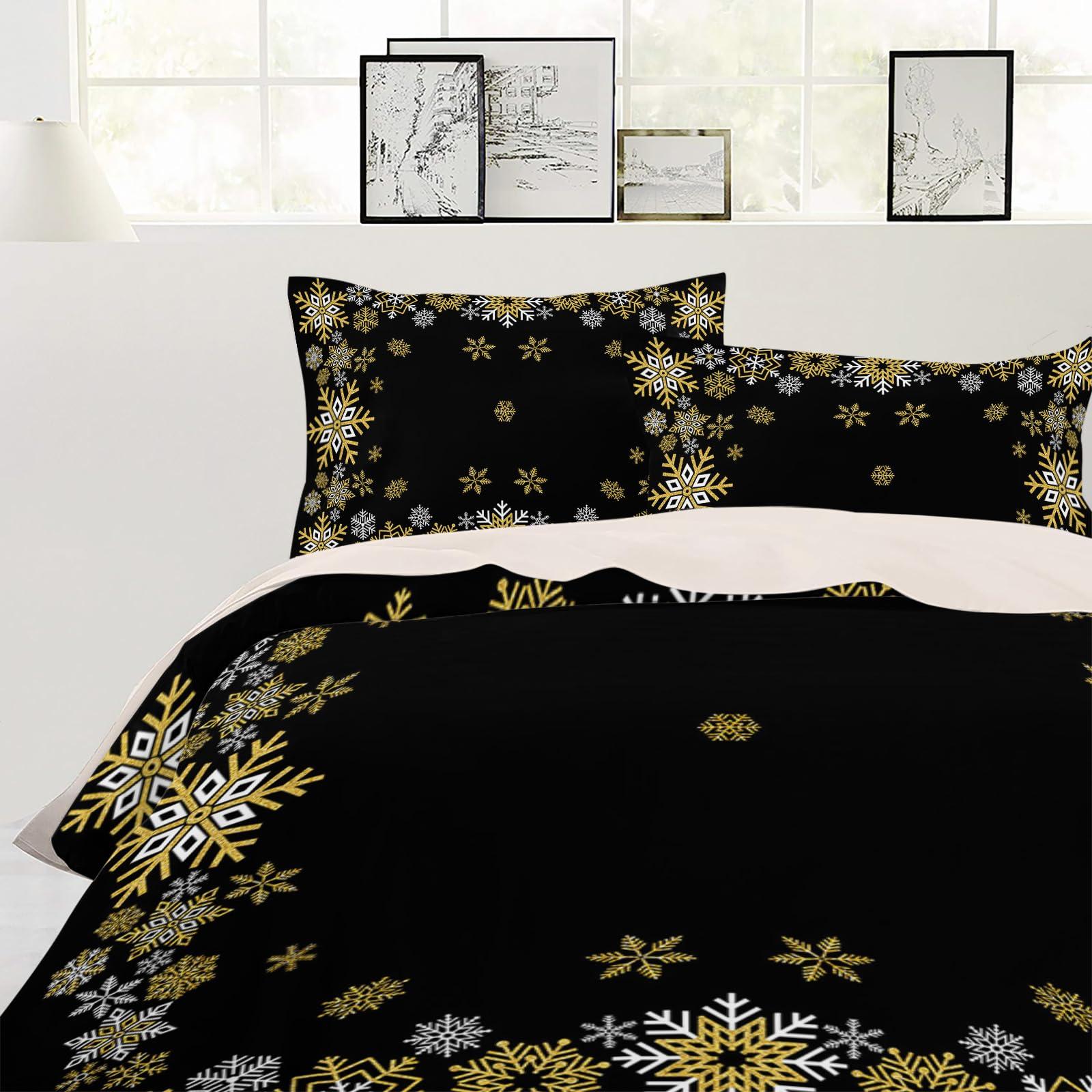 Debedcor Christmas Duvet Cover Cal. King Size, Yellow White Snowflake Winter Black Xmas Comforter Cover with Zipper Closure, 3 Piece Bedding Sets 1 Duvet Cover 90x106 Inches and 2 Pillow Shams