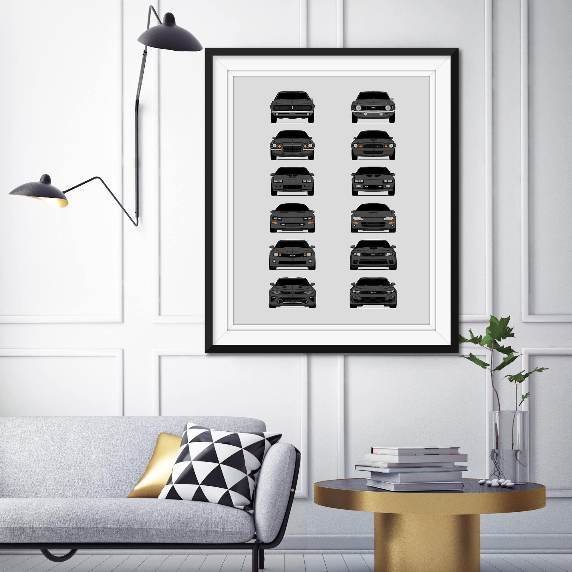 Custom Car Posters Custom Car Posters History of Chevy Camaro Generations and Handmade Print of Camaro from 1967 to Present - Dark Grey, 24x36\" Metallic Print (Unframed) - Gift for Car Enthusiast