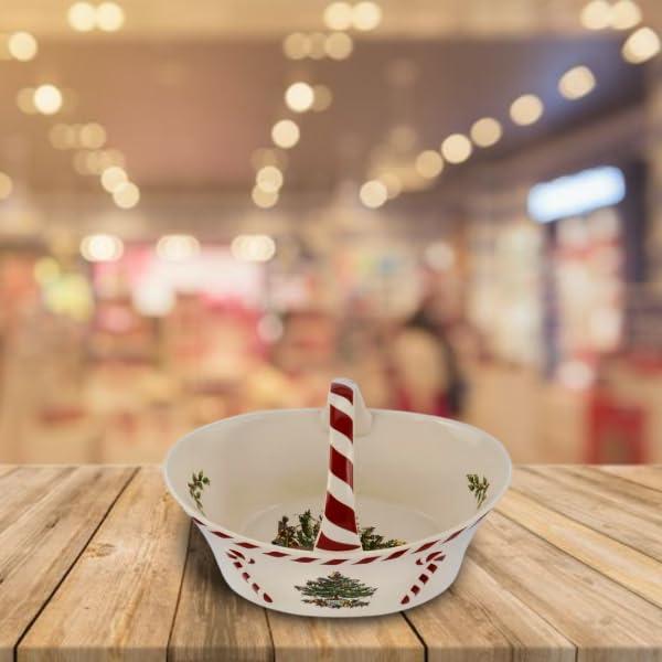 Spode Spode Christmas Tree Candy Basket, 6.5-Inch Candy Bowl with Peppermint Handle for Holiday Snacks, Earthenware Christmas Gift, Festive Holiday Serveware & Holiday Display Bowl, Seasonal Dcor
