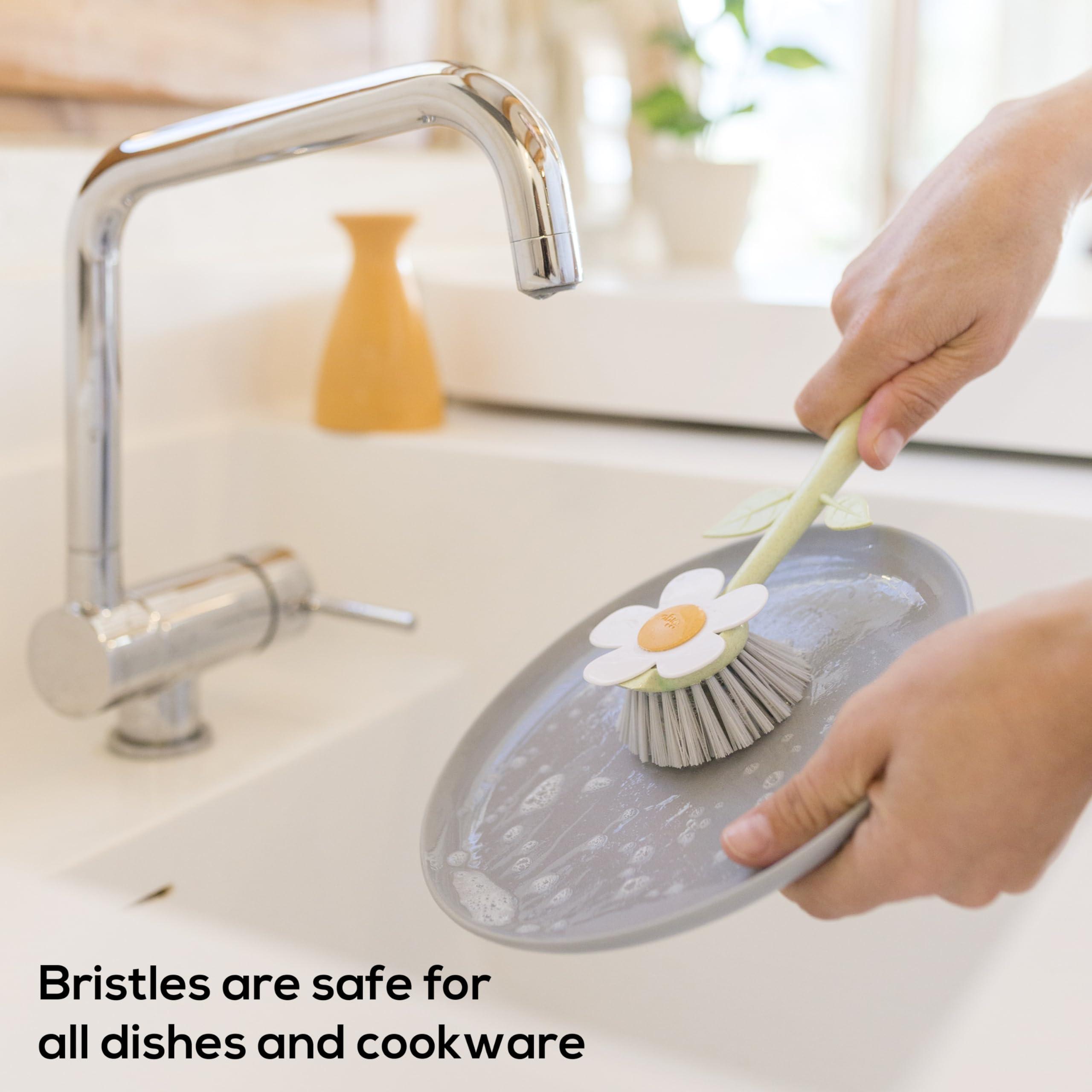 Vigar Vigar Florganic Daisy-Shaped Dish Brush with Vase Dish Brush Holder, Dish Brush with Handle, for Pot Scrubber, Kitchen Dishes, and Sink Cleaning, Orange