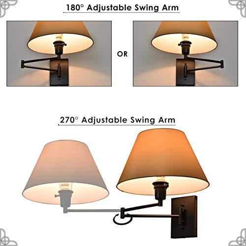 Kira Home Kira Home Cambridge 13\" Swing Arm Wall Lamp - Plug in/Wall Mount + Golden Bronze Fabric Shade, 150W 3-Way, Black Finish, 2-Pack