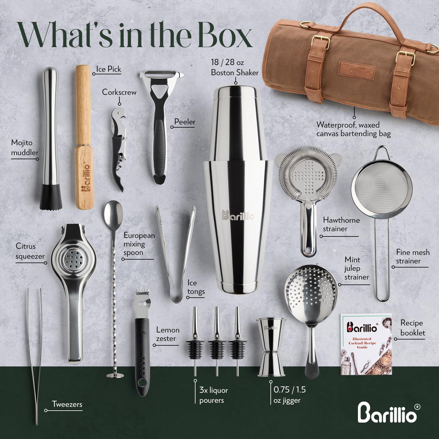 barillio Barillio Bartender Kit Bag with Cocktail Shaker Set - Waxed Canvas, Traveling Bar Tools Bag with 17-Pc Cocktail Kit - Travel Mixology Bartending Kits - Mobile Bar Bag with Strap & Accessories - Silver