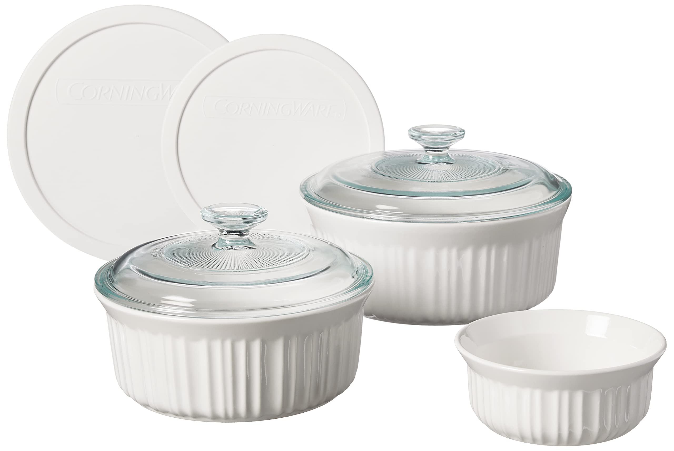 CorningWare CorningWare French White 7-Pc Ceramic Bakeware Set with Lids, Chip and Crack Resistant Stoneware Baking Dish, Microwave, Dishwasher, Oven, Freezer and Fridge Safe