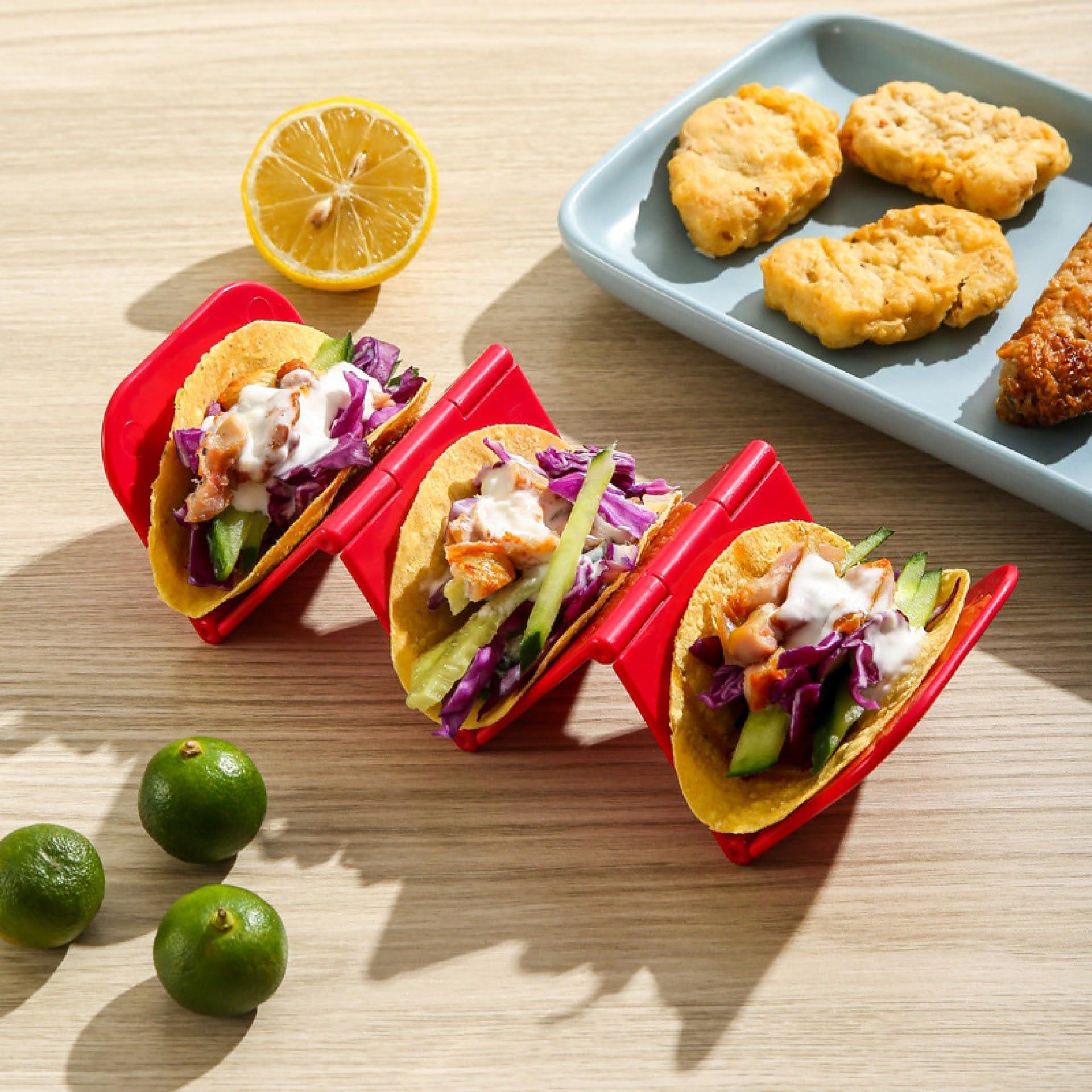 Generic Foldable Taco Holder Stand - 3 Packs (Non-Toxic, BPA Free - Dishwasher & Microwave Safe) Hold 3 Tacos, Hard Plastic Taco Rack, Party Serving Tray Set for Hard and Soft Shell Tacos Tortilla
