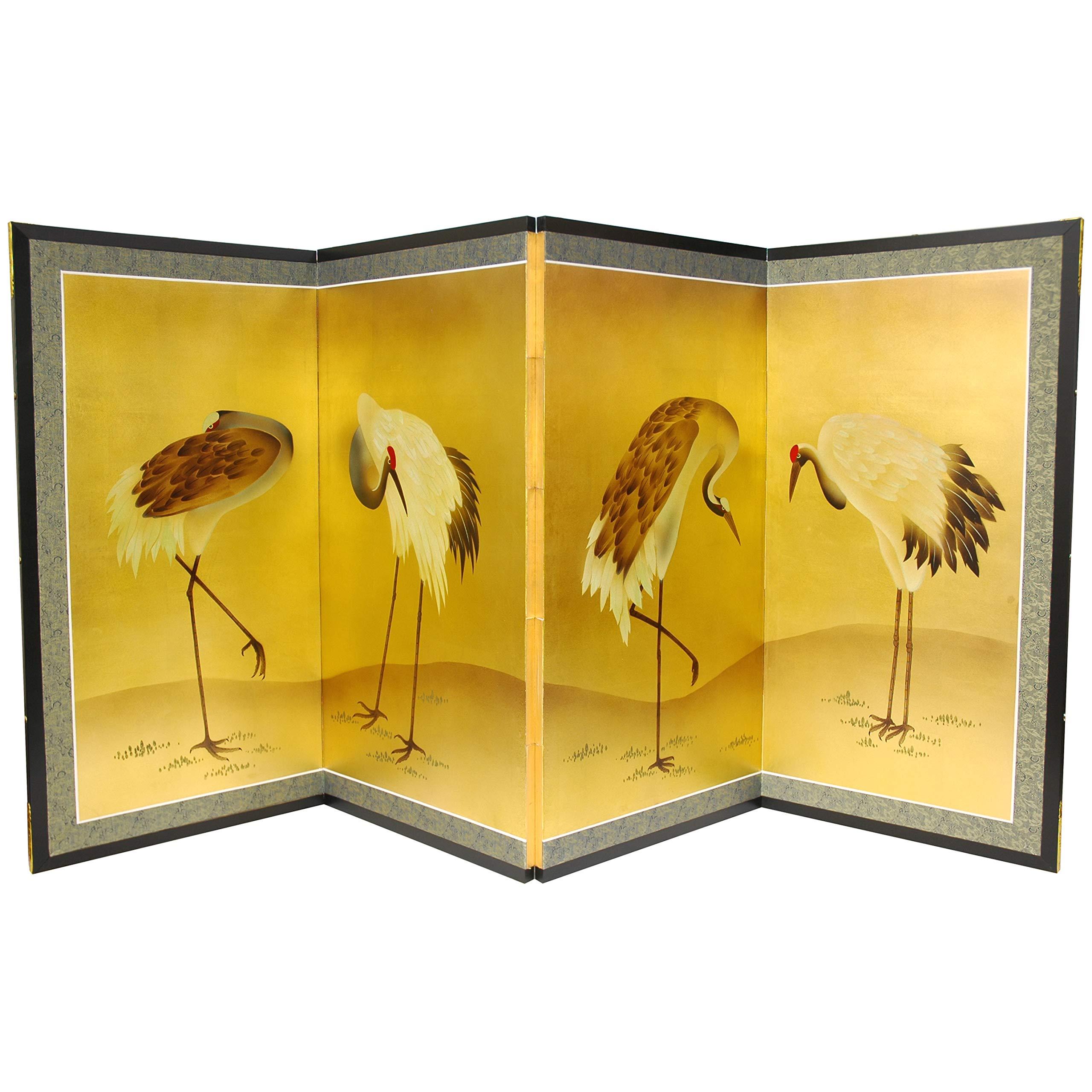 ORIENTAL Furniture Red Lantern 36\" x 72\" Gold Leaf Cranes Folding Silk Screen