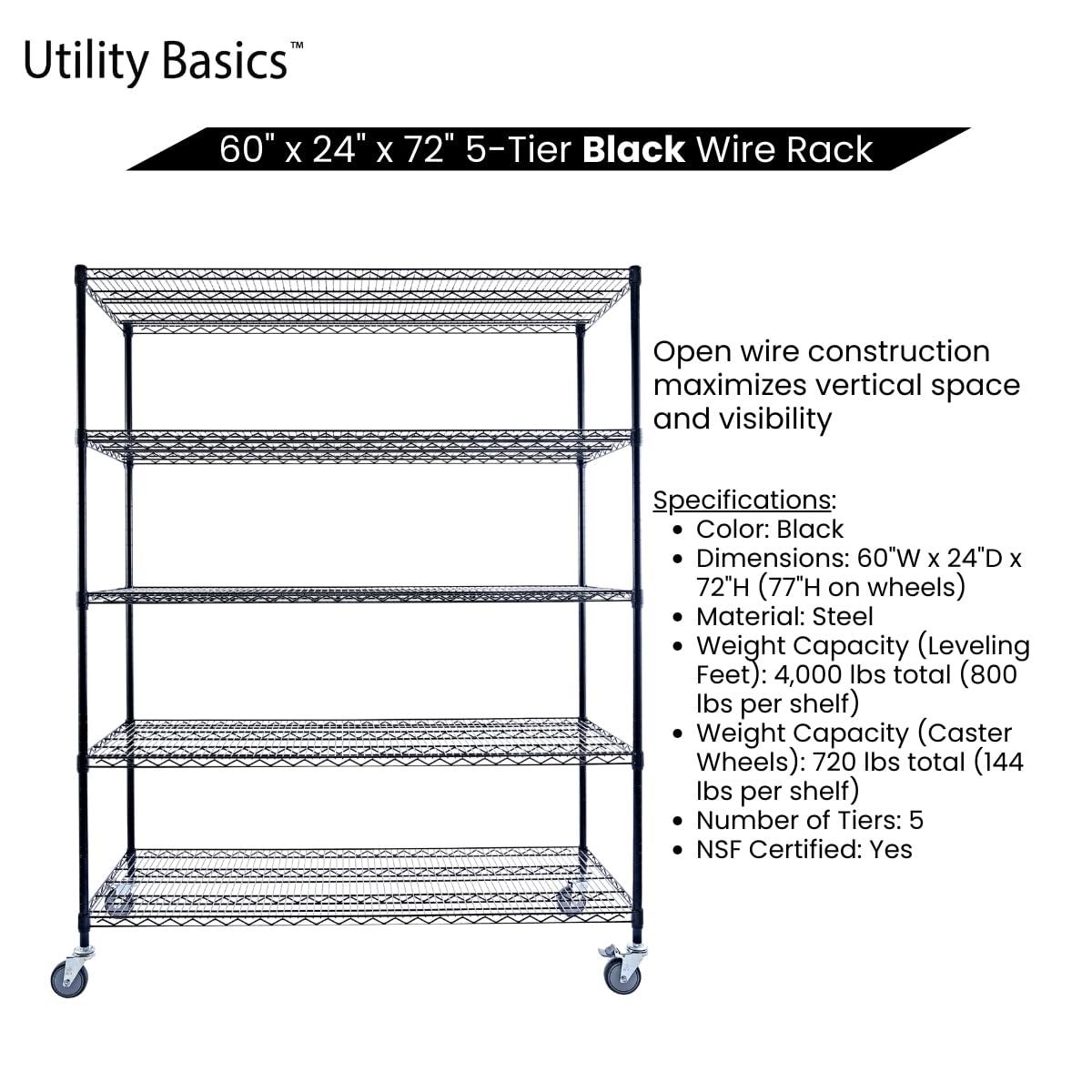 Utility Basics Utility Basics 60"x24"x72" Black 5-Tier Premium Metal Wire Shelving NSF 4000 LBS MAX Capacity Heavy Duty Steel Storage Rack for Warehouse, Garage, Hospital, Commercial Space & School w/Premium Wheels