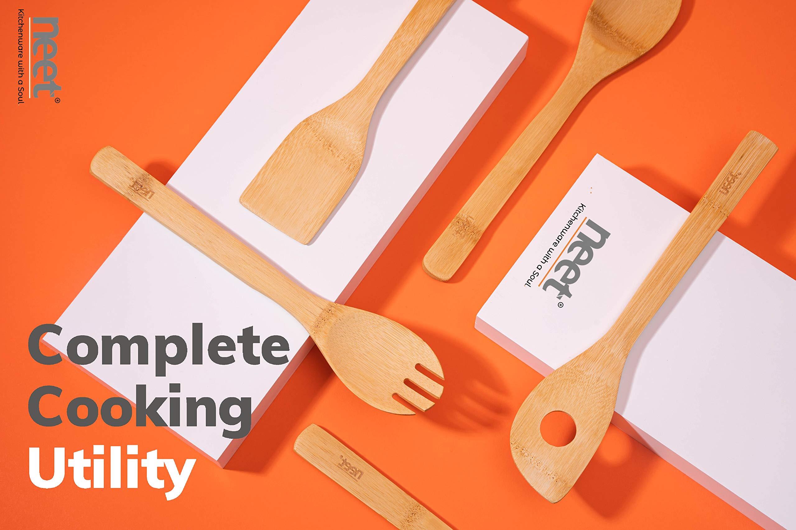NEET Neet Wooden Spoons For Cooking 6 Piece Organic Bamboo Utensil Set With Holder Wood Kitchen Utensils Spatula Spoon For High Heat Stirring In Nonstick Pots & Pans Quality Gift & Everyday Use