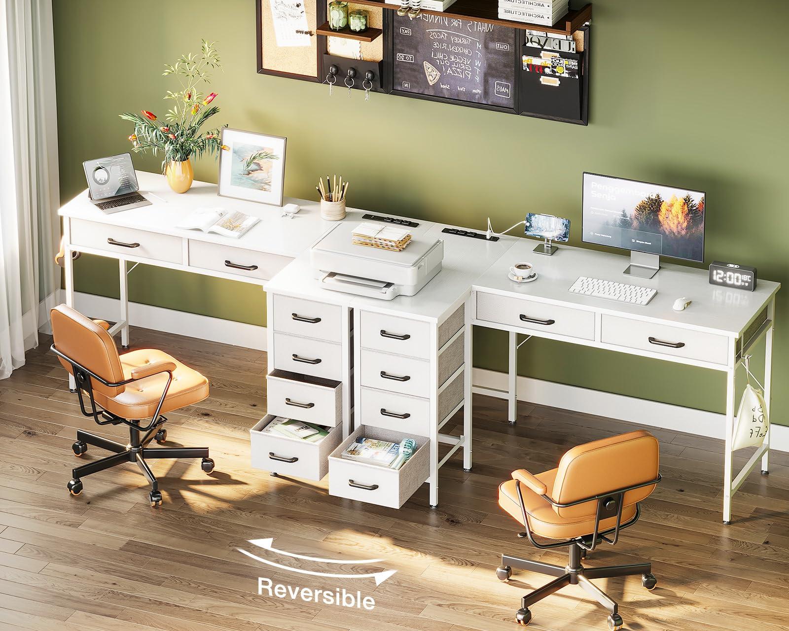 Coleshome Coleshome 50 Inch L Shaped Desk with Drawers, Computer Desk with Power Outlets, Home Office Desk with 6 Drawers, Reversible Corner Desk for Small Space, Study Work Table with Hook, White
