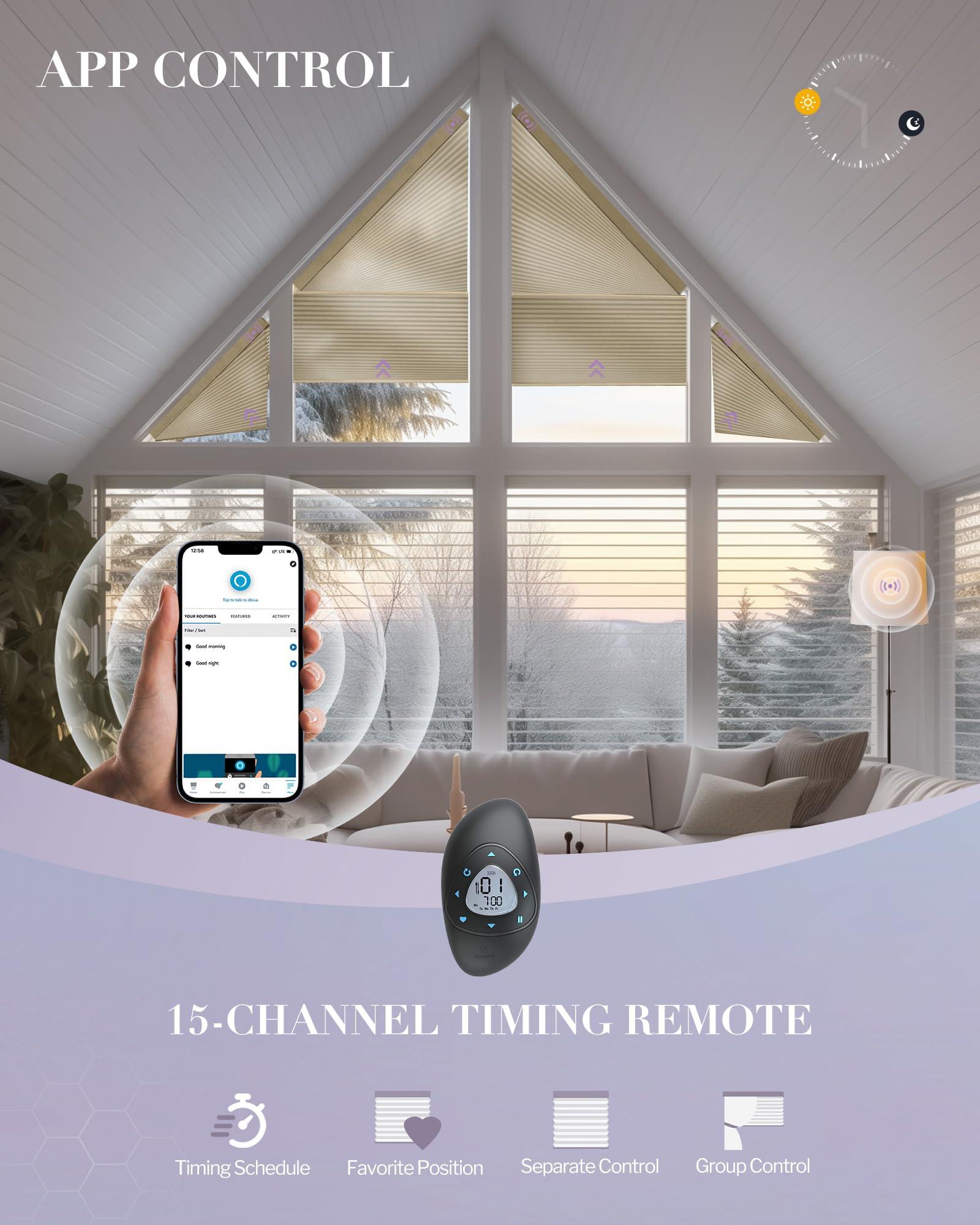 Graywind Graywind Smart Angled Blinds Compatible with Alexa Google Motorized Right Trapezoid Shades Solar Powered Customized for Odd-Shaped Window (Dimout Melange Coffee)