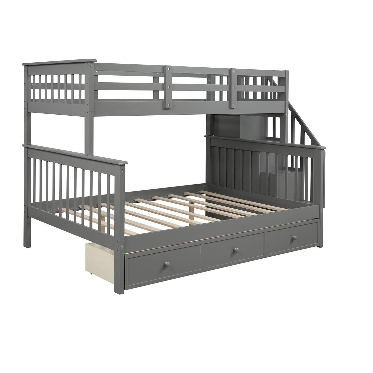 RUNNA Stairway Bunk Bed with 3 Drawers, Solid Wood Twin Over Full Bunk Bed with Storage Shelf and Guard Rail for Kids/Adults, Can be Divided Into Two Individual Beds, No Box Spring Needed (Gray)