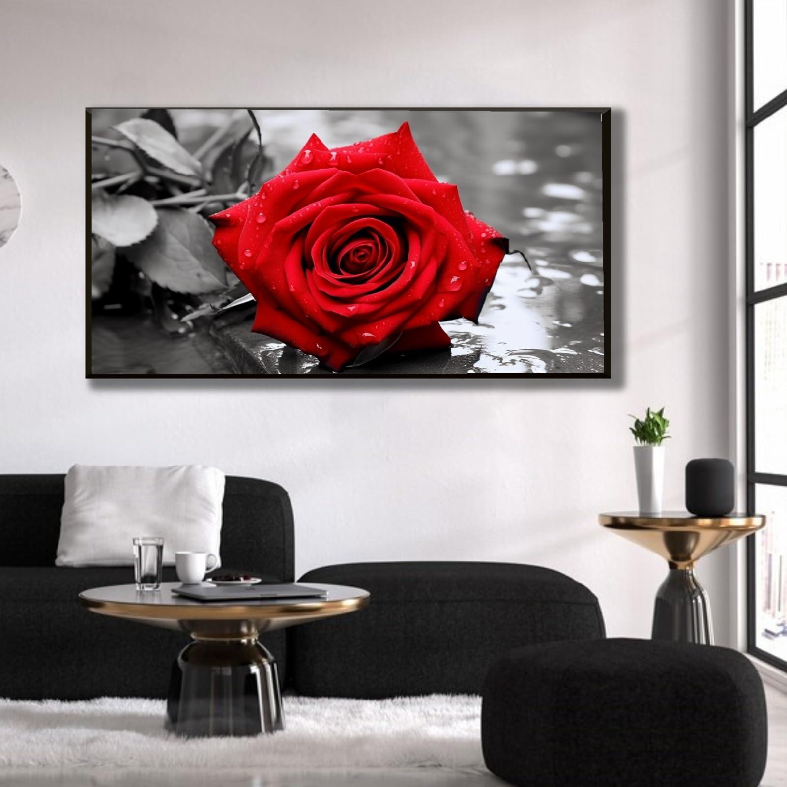 Feuwile Feuwile Red Roses Canvas Wall Art,Red Rose in Black And White Grayscale StyleCanvas Wall Art for Living Room Bedroom,Office(Gold Metal Frame 47" W x 23" H/120x60cm)