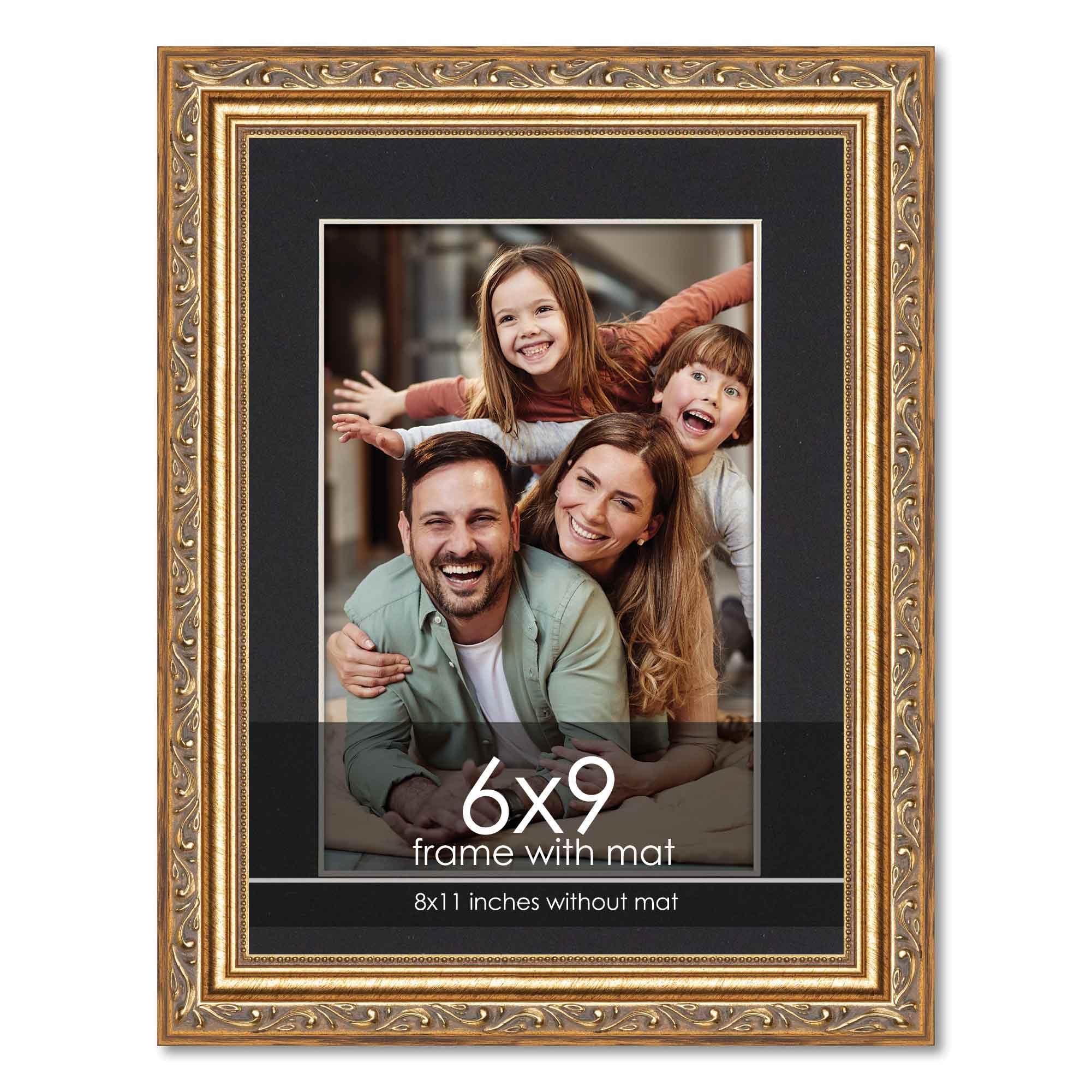 Poster Palooza 6x9 Frame with Mat - Antique Gold 8x11 Frame Wood Made to Display Print or Poster Measuring 6 x 9 Inches with Black Photo Mat