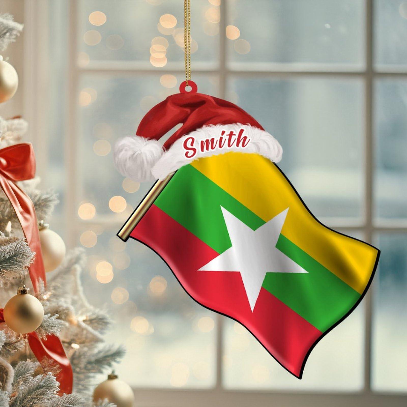 UanMere Burma Flag Acrylic Christmas Ornament Country Keepsake for Travel Friends for Burma Brother Memorial National Day Burma Personalized Acrylic Keepsake