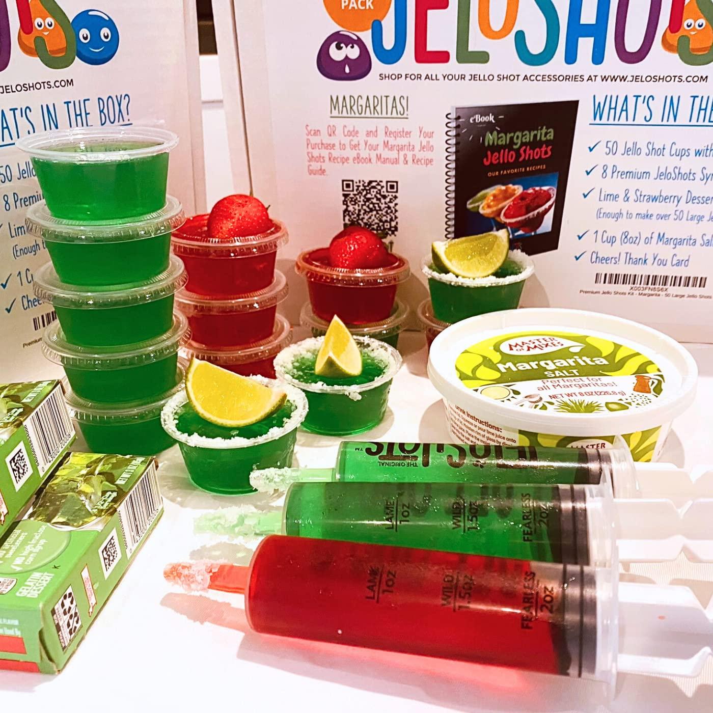 JeloShots Jello Shots Party Kit - Margarita Party Pack - Makes Over 50 (Large) Jello Shots - Includes eBook with 63 Margarita Recipes, Jello Shot Syringes, Jello Shot Cups, Margarita Salt, & Flavored Gelatin