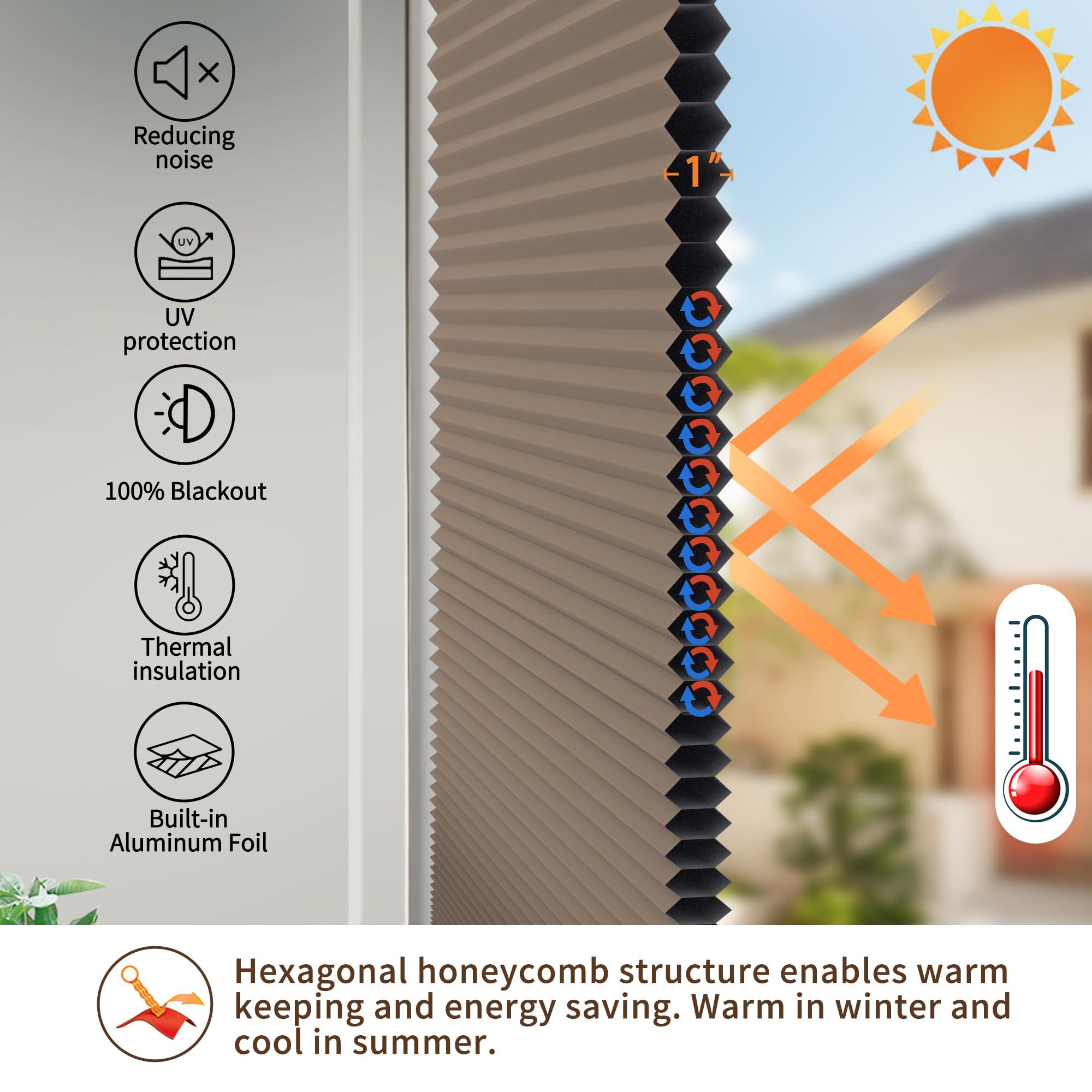 Hiifroy Hiifroy No Tools No Drill Blinds for Indoor Windows,Cordless Top Down Bottom Up Honeycomb Cellular Shades with 1" Fabric,Blackout Brown 47" W x 36" H