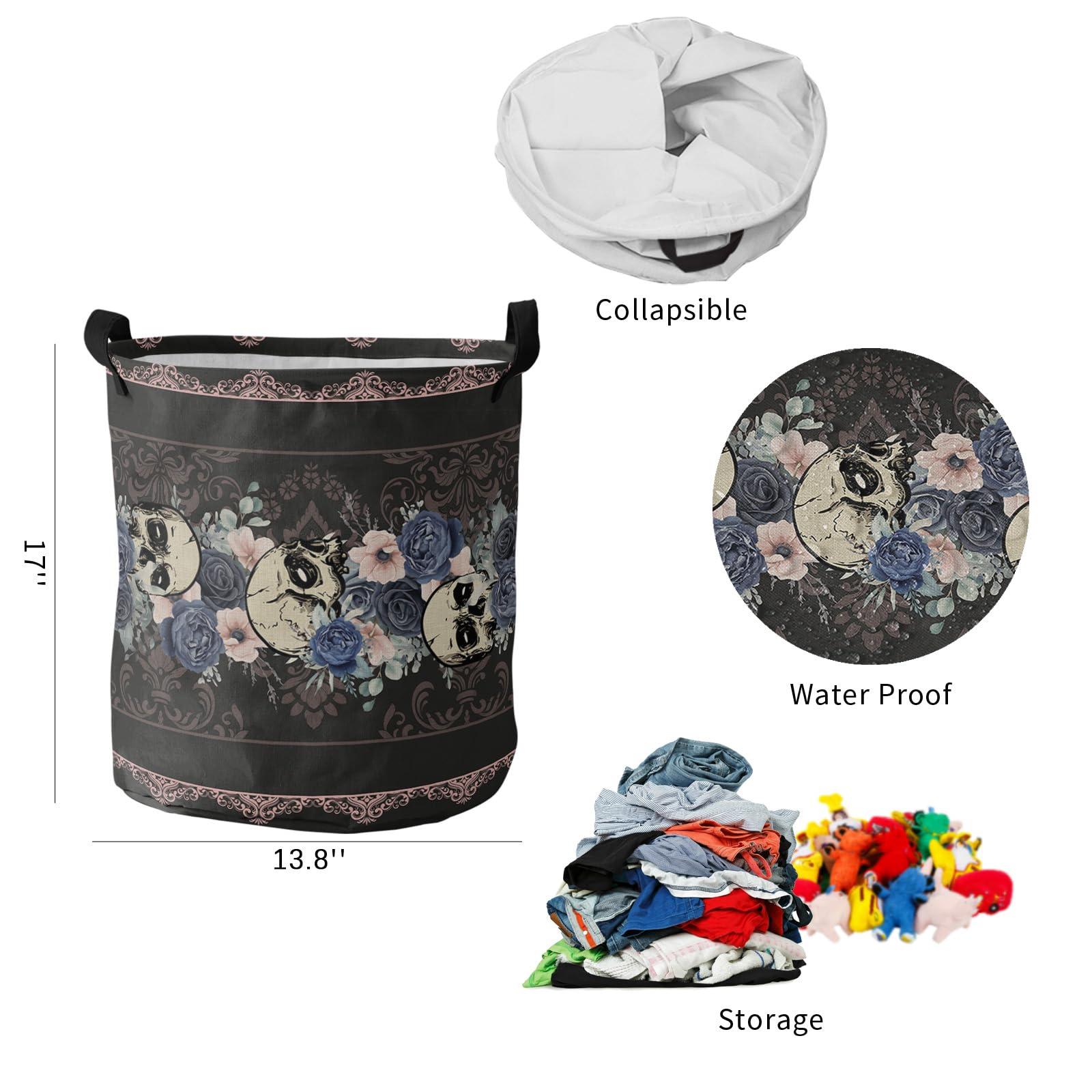 Shine-Home Halloween Laundry Basket,Collapsible Bag with Easy Carry Handles,Small Waterproof Foldable Freestanding Hamper,Folding Bin Clothes Storage Round Go-thic Spooky Horror Skulls Romantic Rose Flower