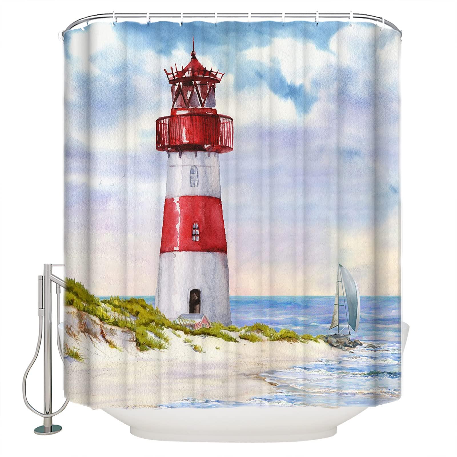 ZOE GARDEN Light-House Shower Curtain Set with Hook 72\"x96\",Washable Cloth Polyester Fabric Shower+Curtain,Waterproof Bath Curtains for Bathroom,Bathtubs Decor Accessories Summer Sea Ocean Nautical Sailboat