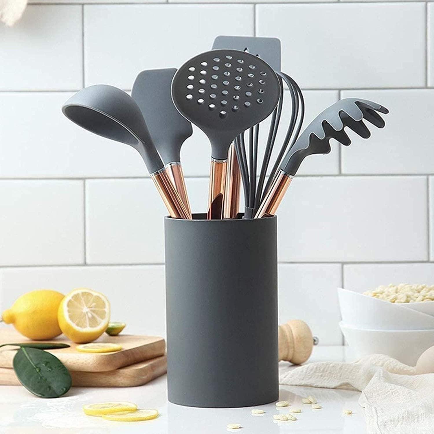 SMSOM SMSOM Silicone Cooking Utensil Set, Kitchen Utensils 7 Pcs Cooking Utensils Set, Non-Stick Heat Resistant Silicone,Cookware with Stainless Steel Handle (Grey)