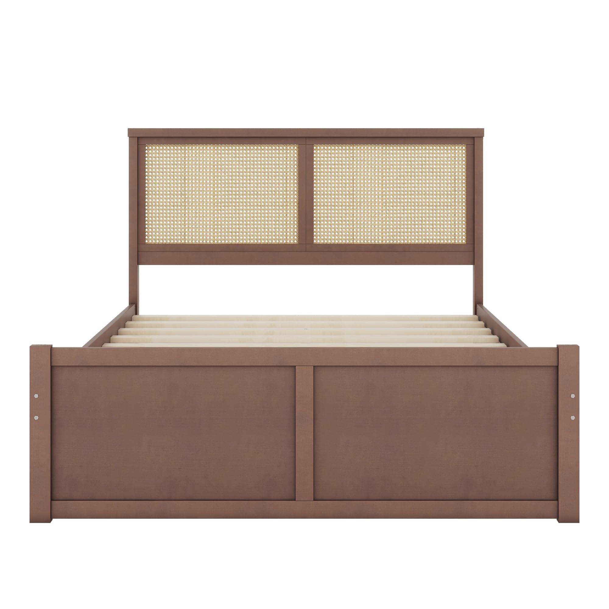 RuiSiSi RuiSiSi Queen Size Wooden Bed Frame with 4 Storage Drawers, Platform Bed with Rattan Headboard, for Bedroom, Espresso